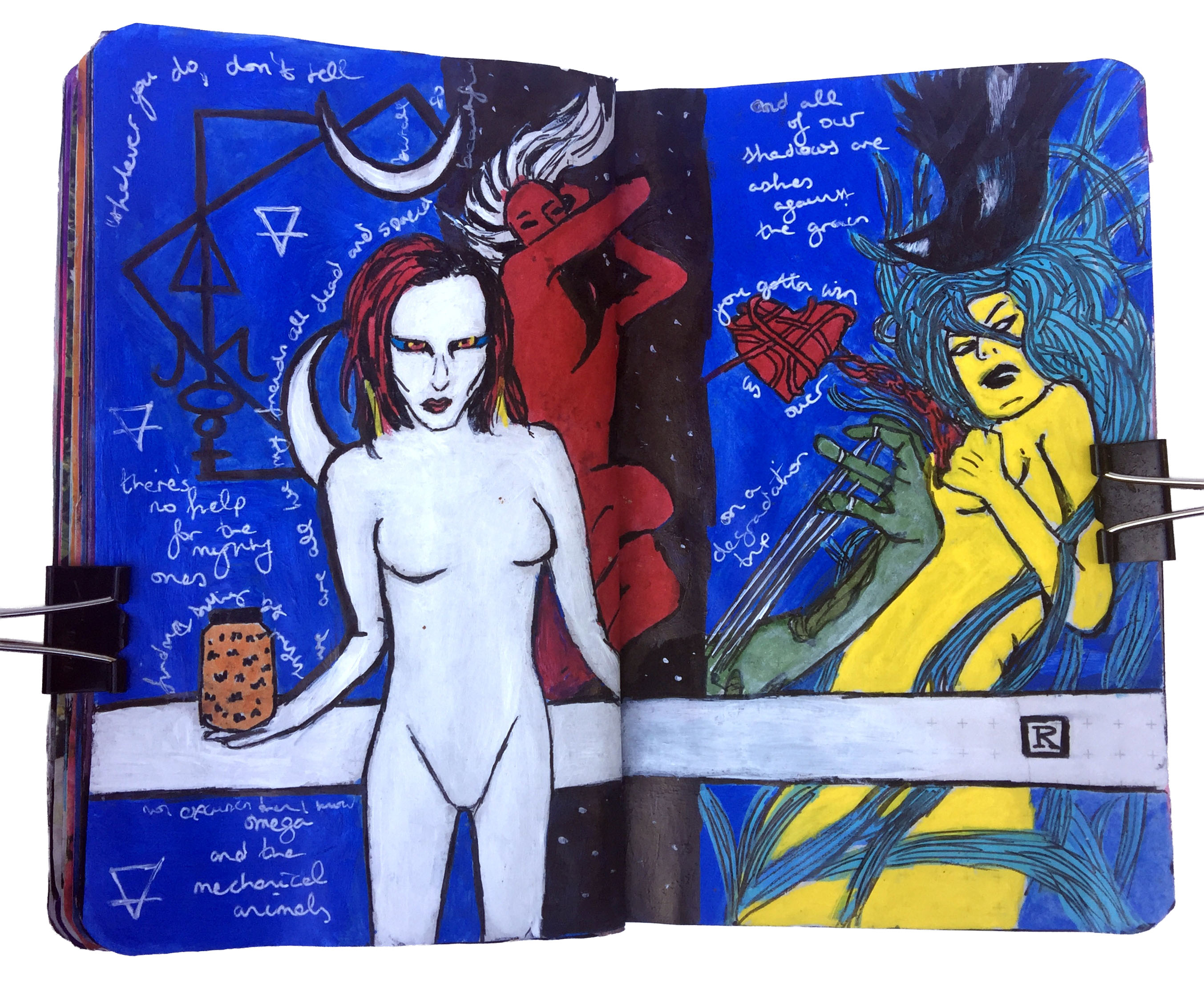 Day 263/365 of Year of Creative Habits. A mixed media art journal illustration of my favorite albums (this was before the Manson abuse allegations). There are 7 albums and 1 EP depicted (Monster Magnet, ASG, Jerry Cantrell, Agalloch, SubRosa, Alice in Chains, Queens of the Stone Age).