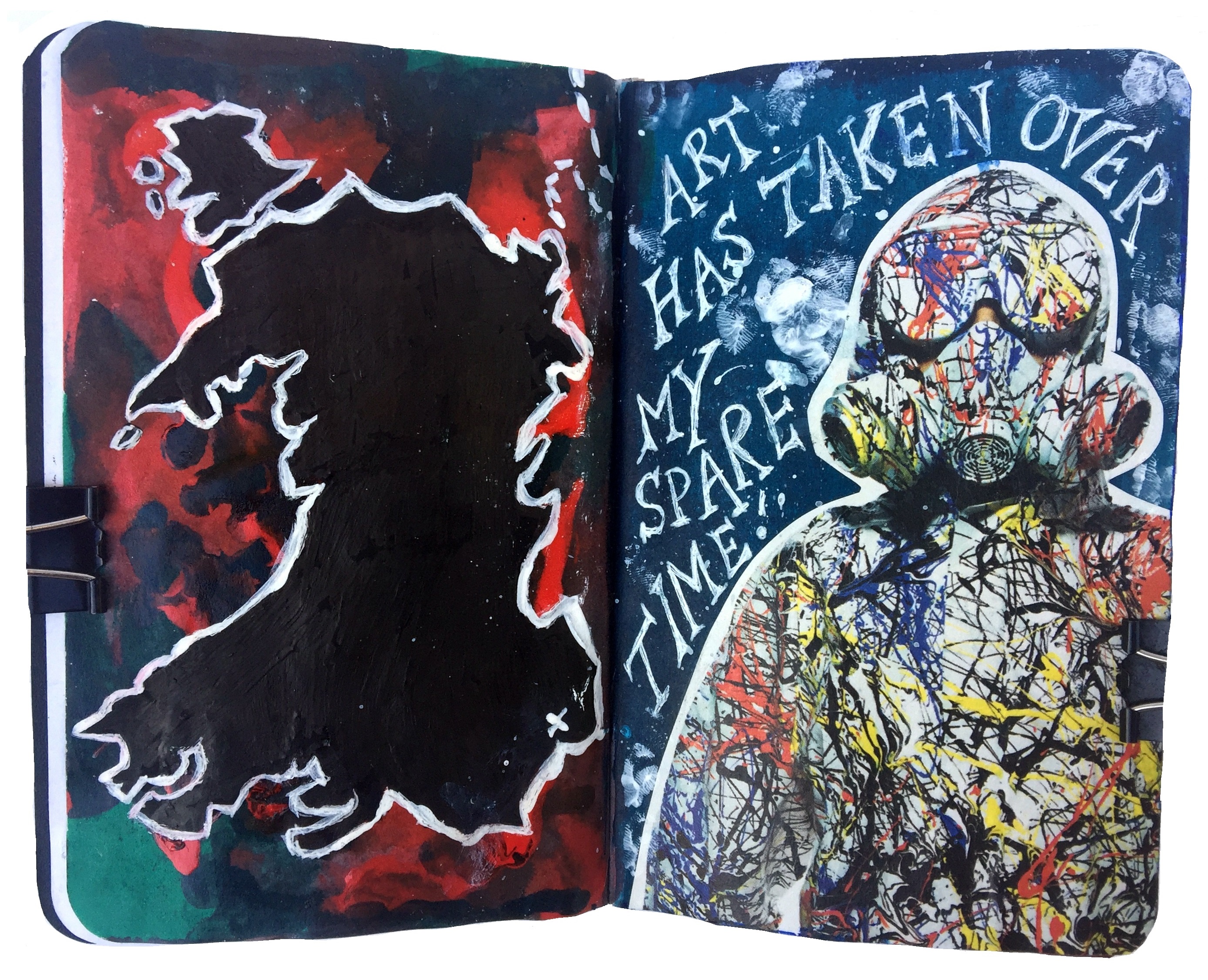 An art journal illustration of a map of Wales and a collage about being an artist.