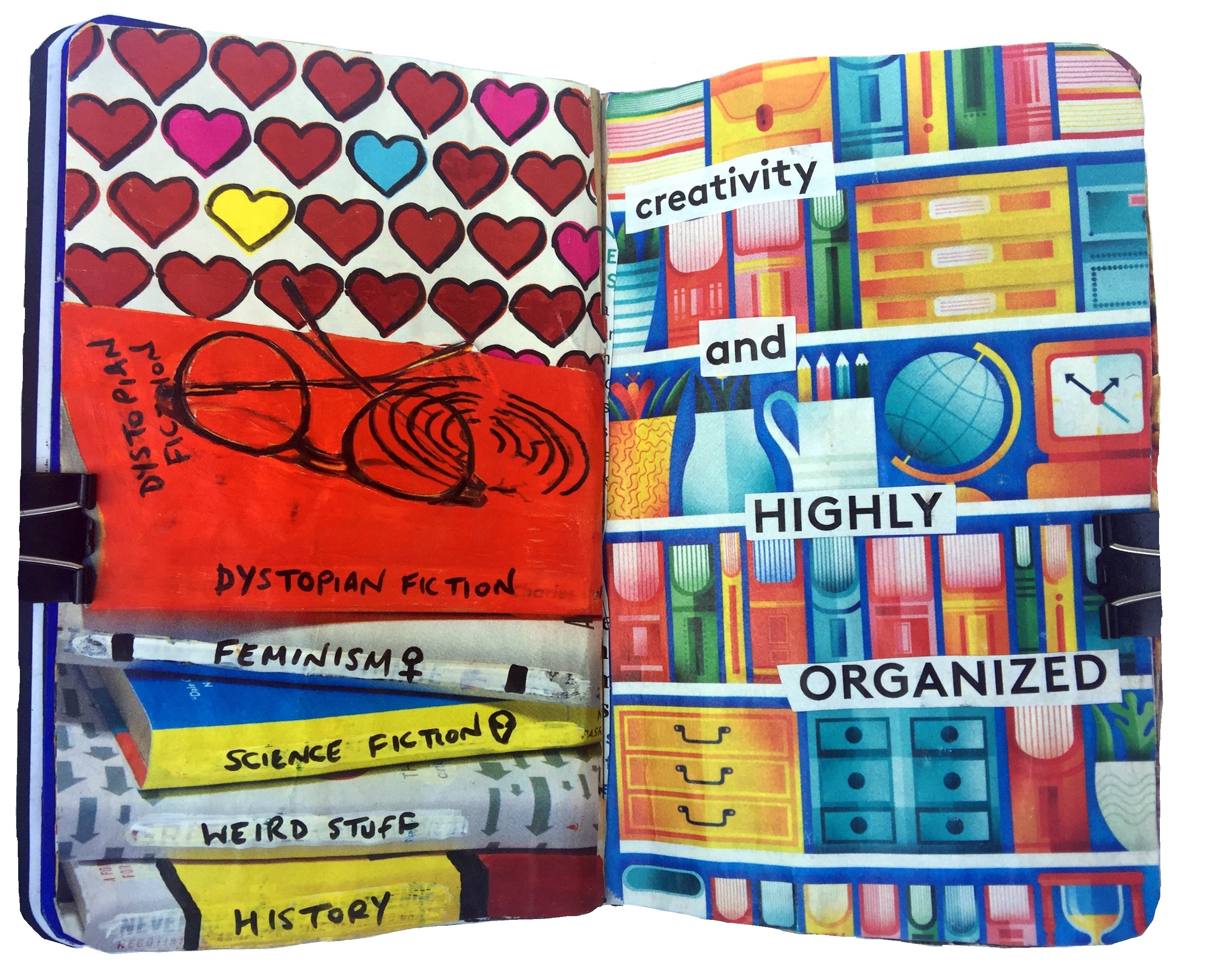 Day 220/365 of Year of Creative Habits. Art journal collages about book genres I like and what my talents are.