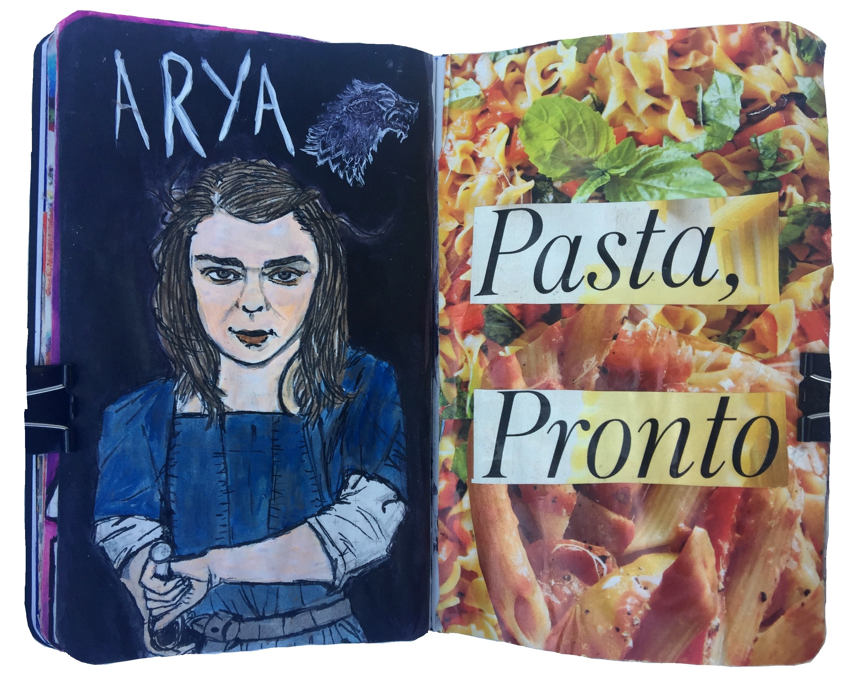 Day 226/365 of Year of Creative Habits. A mixed media art journal illustration of Arya Stark from the TV show Game of Thrones reaching for her sword and a collage of pasta.