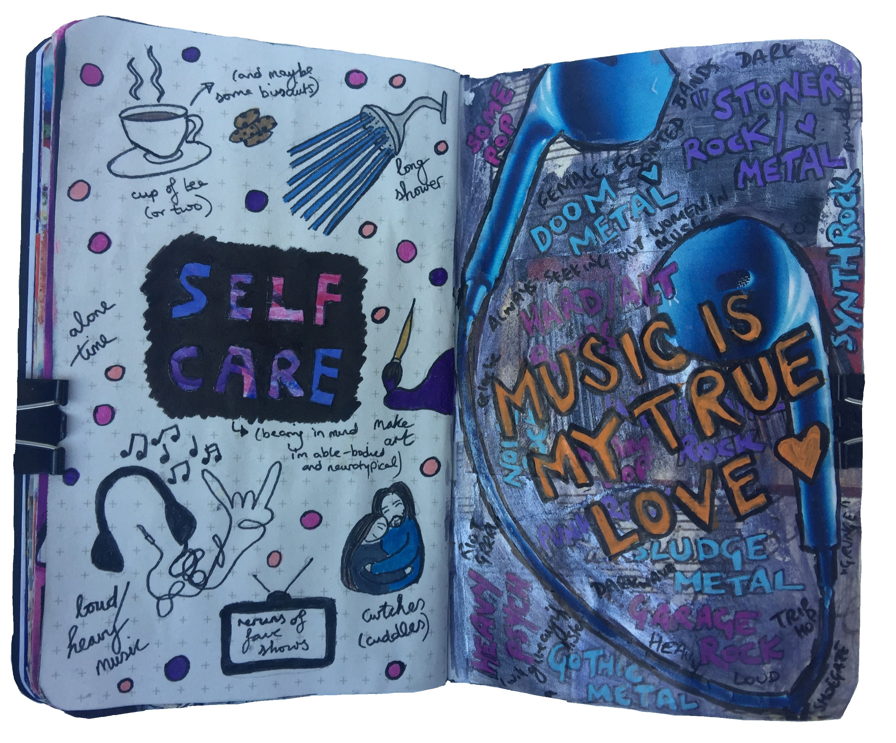 Day 228/365 of Year of Creative Habits. A mixed media art journal illustration of everything I do for self care and a collage about music being my true love.