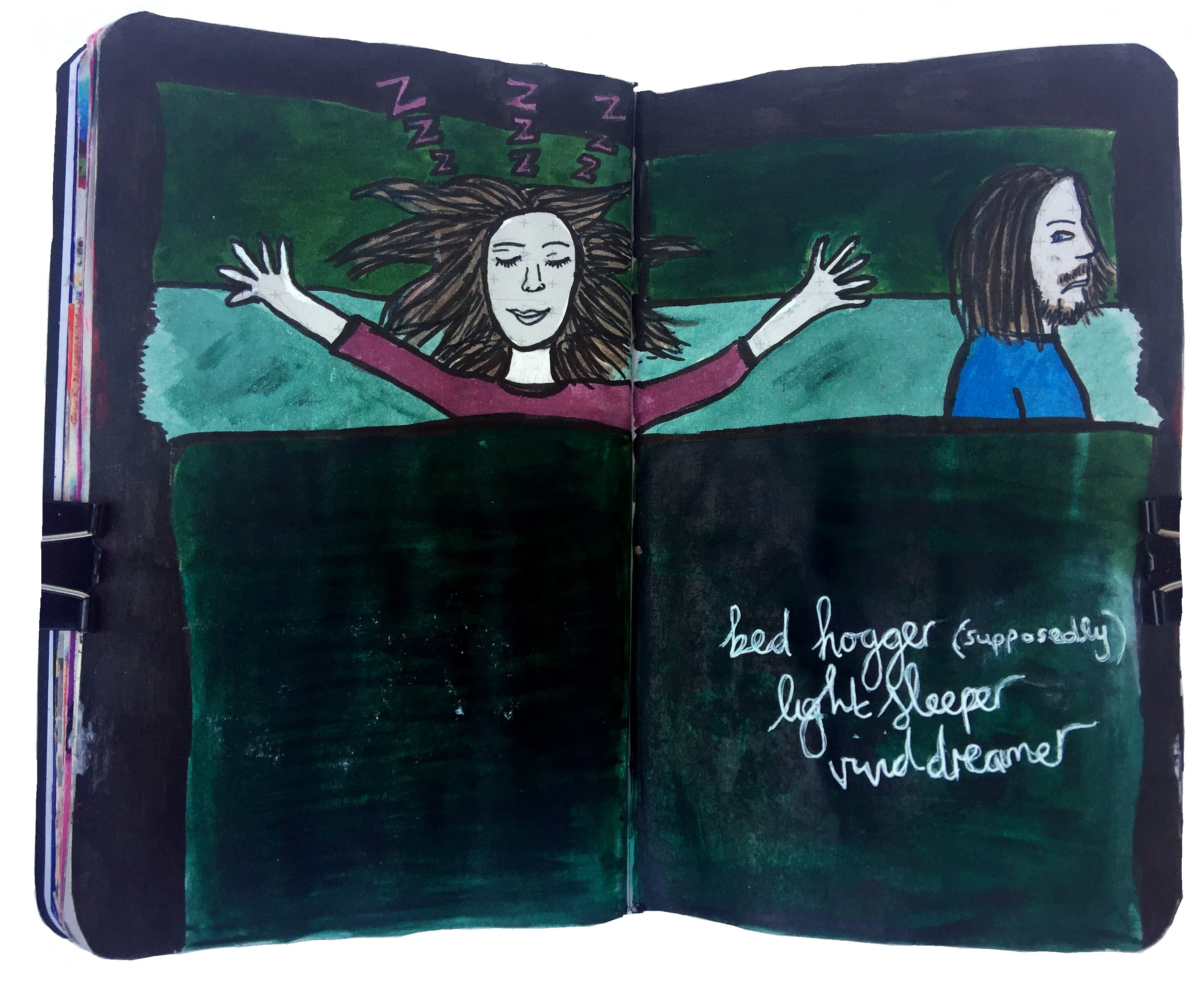 A mixed media art journal illustration about sleeping habits. My husband requested this for the prompt, but I completely deny being a bed hog!