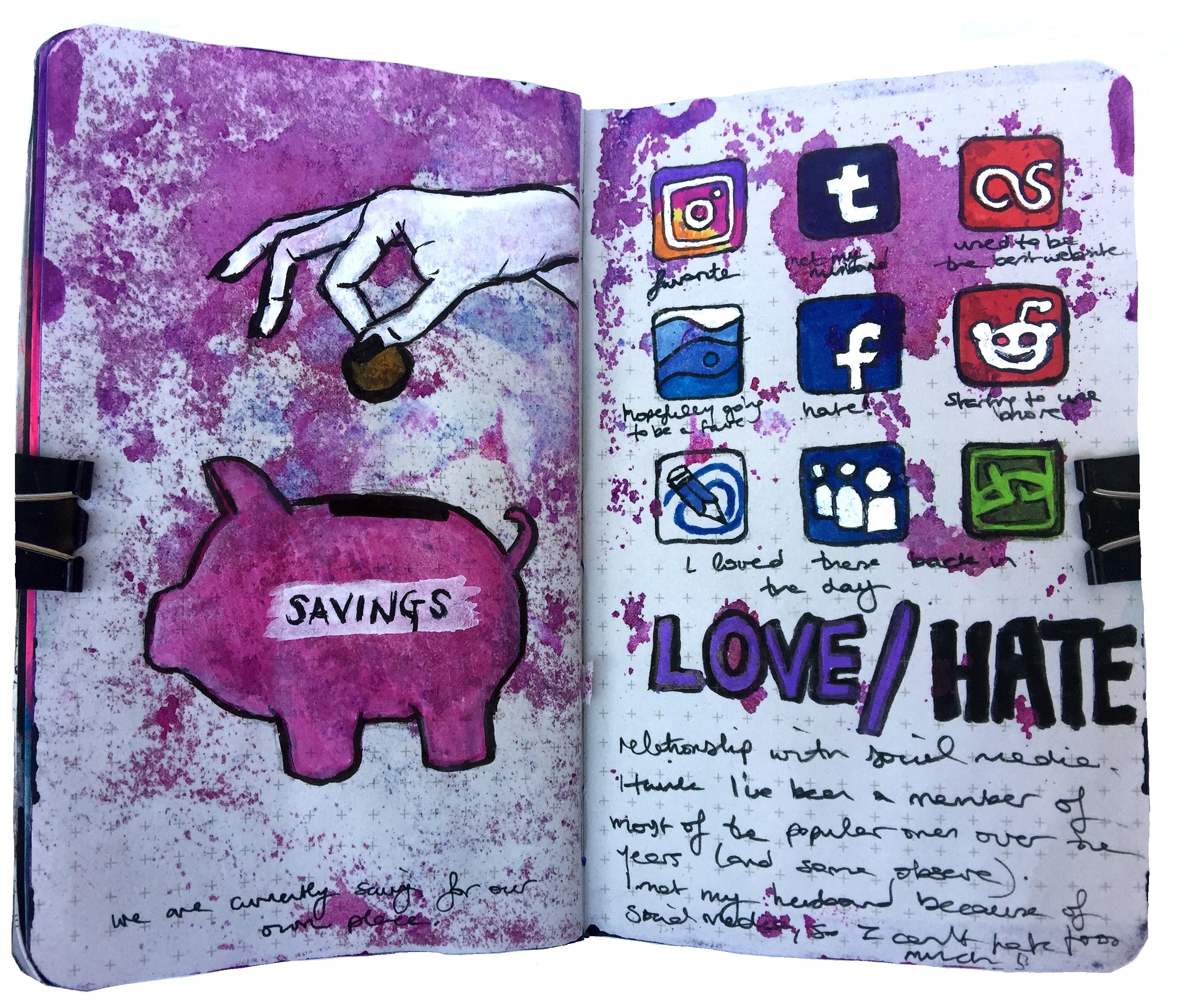 An art journal illustration about saving money for a house and my thoughts on social media. I met my husband through social media, so I can't hate on it too much haha, but Instagram is definitely not my favorite anymore!