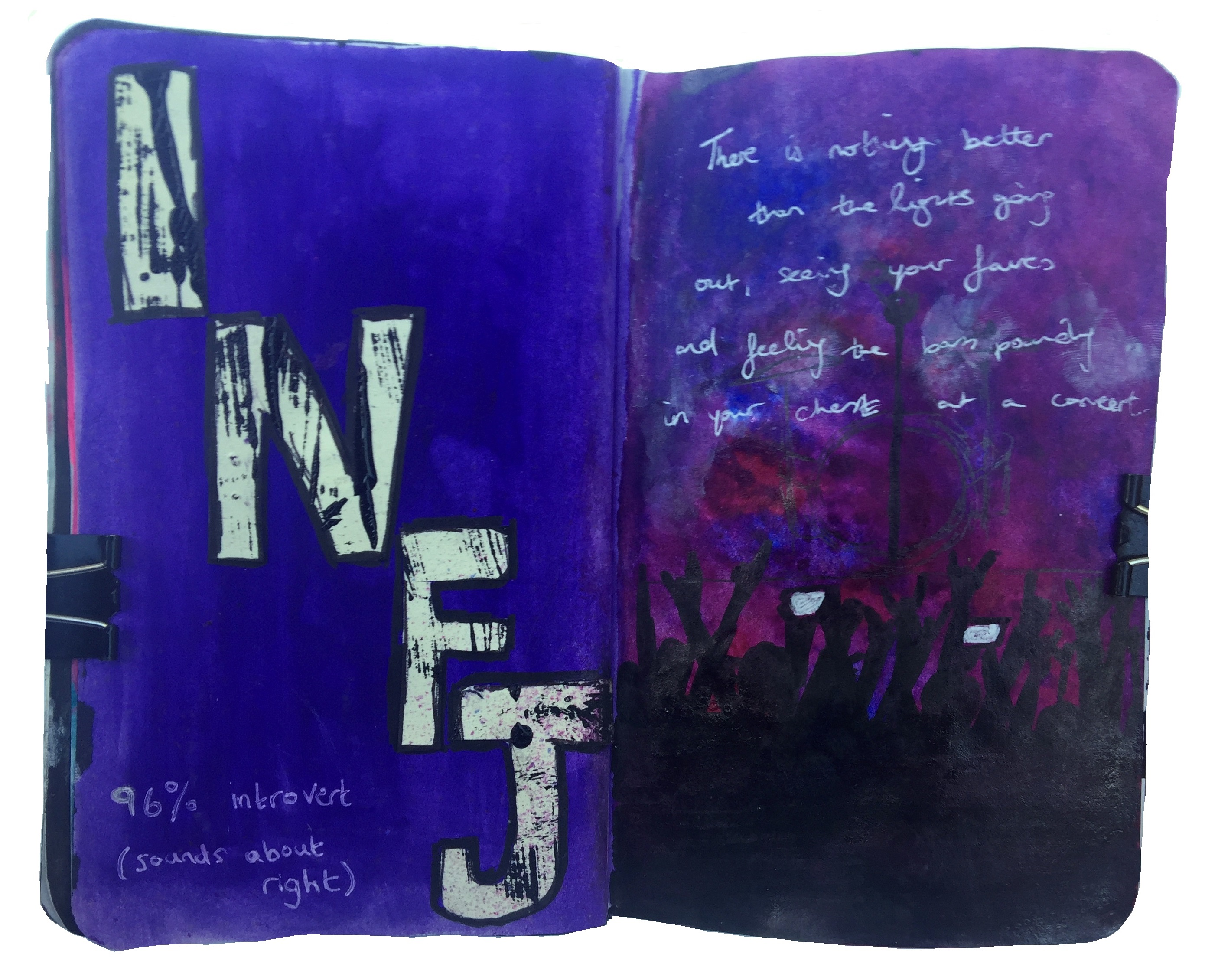 Day 237/365 of Year of Creative Habits. A mixed media art journal illustration about being an INFJ and an introvert and a painting about the beauty of live music.