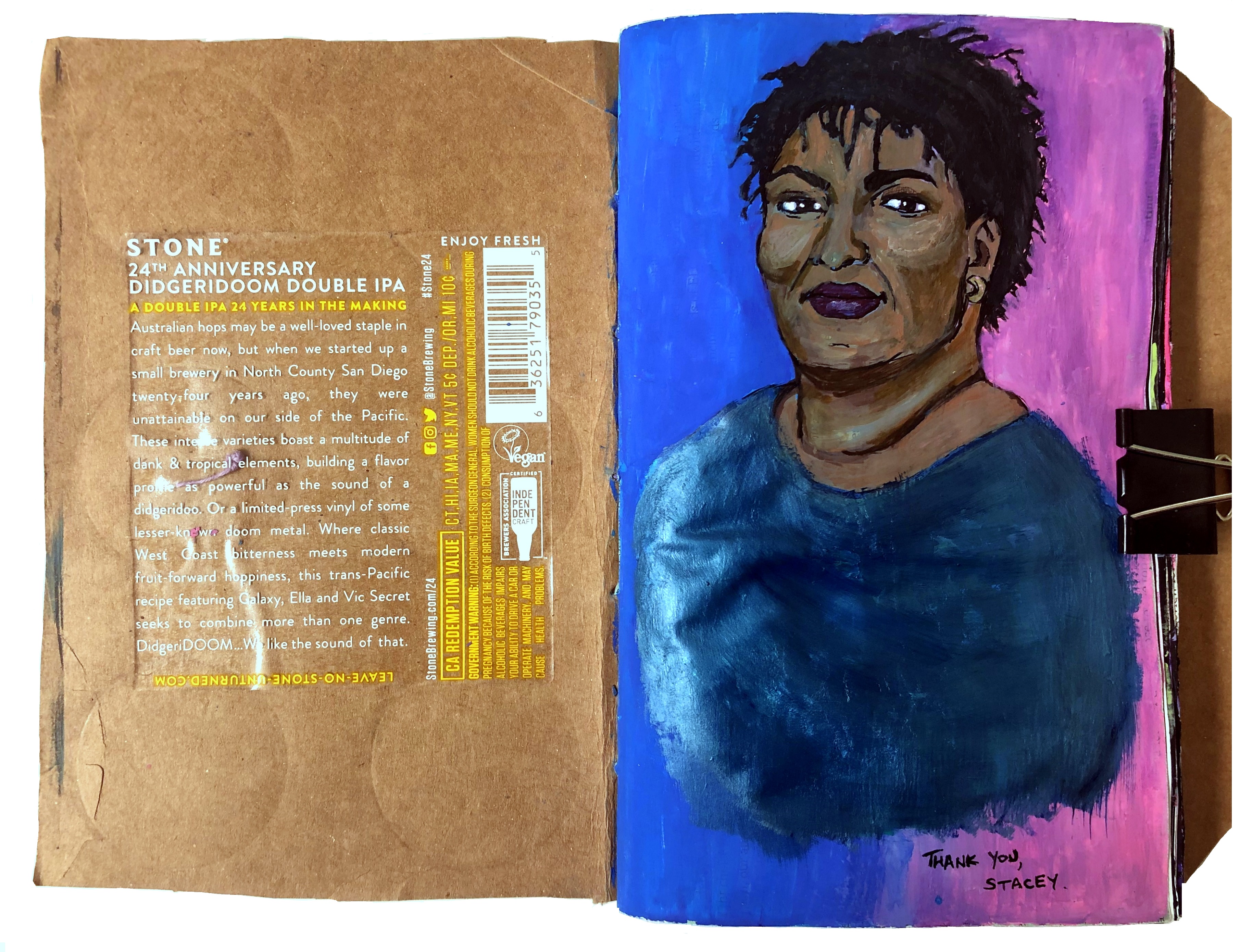 A mixed media art journal painting of politician Stacey Abrams.