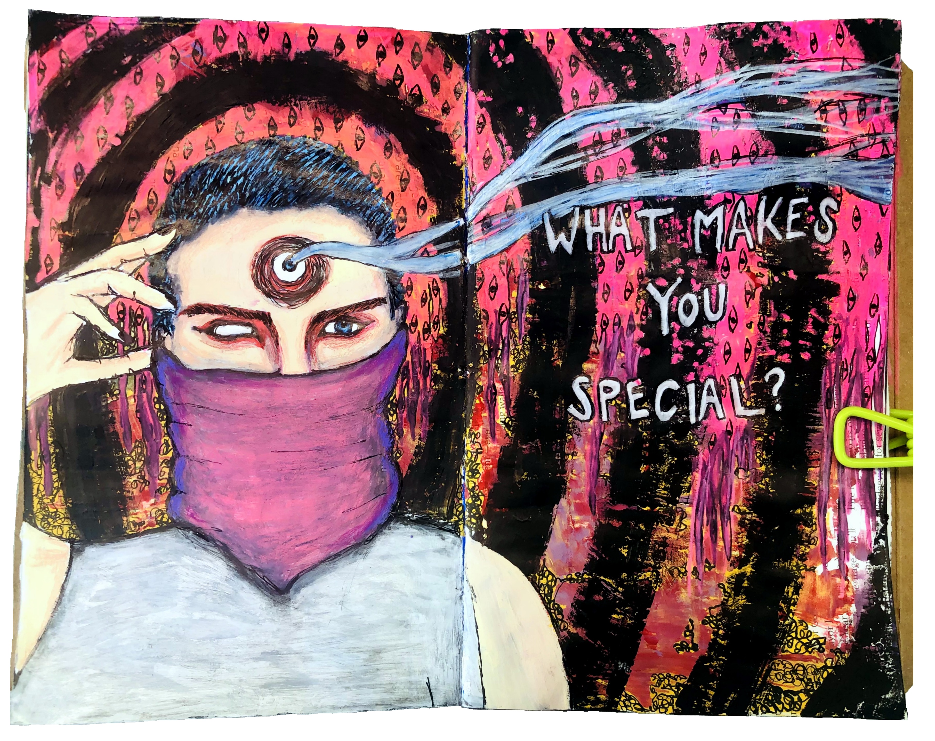 A mixed media art journal illustration of a blue-haired person in a mask with a third eye next to the words what makes you special? Portrait reference is oxenfr3e via Sktchy.