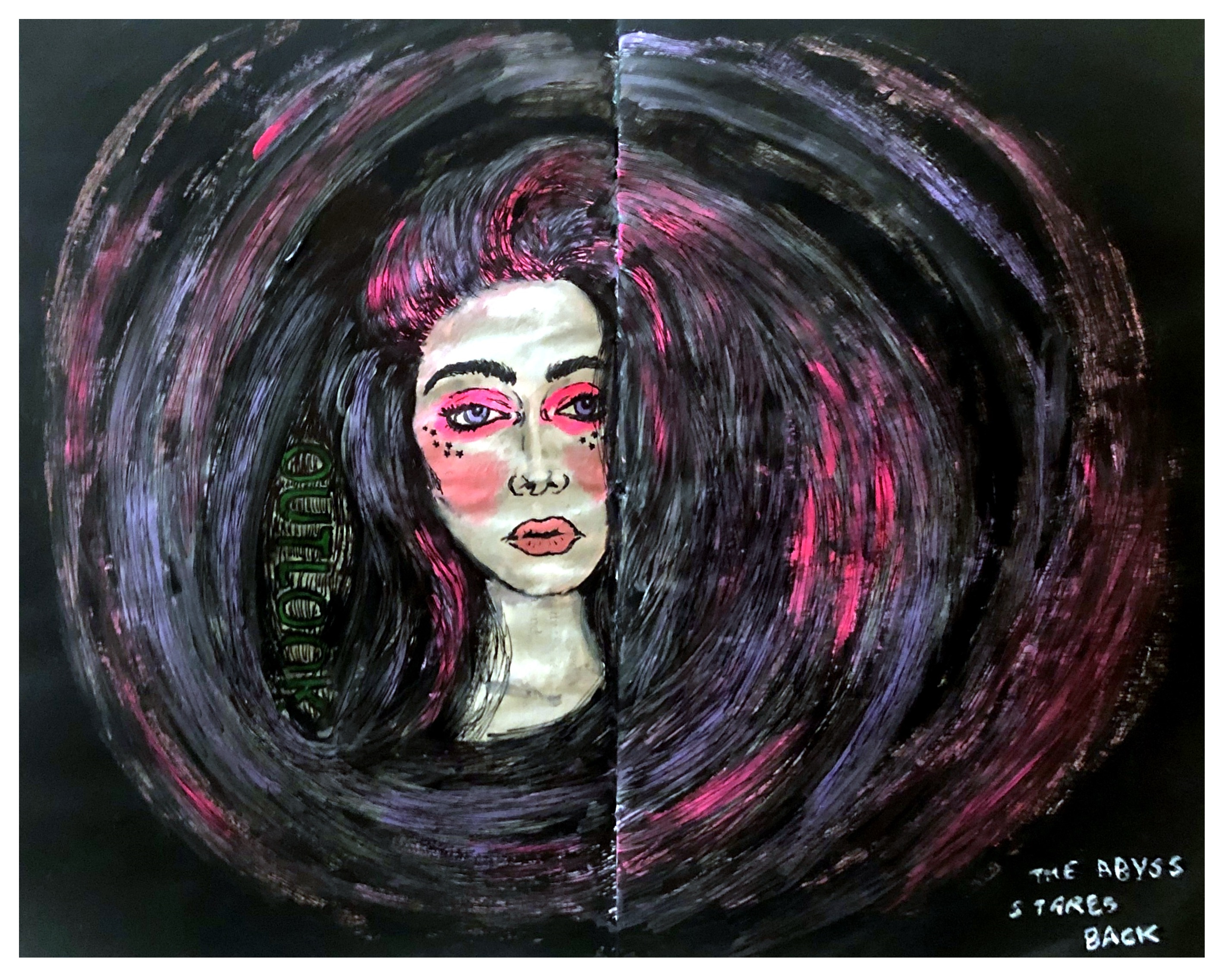A mixed media art journal illustration of a sad woman in a swirling vortex next to a paraphrased Nietzsche quote about the abyss.