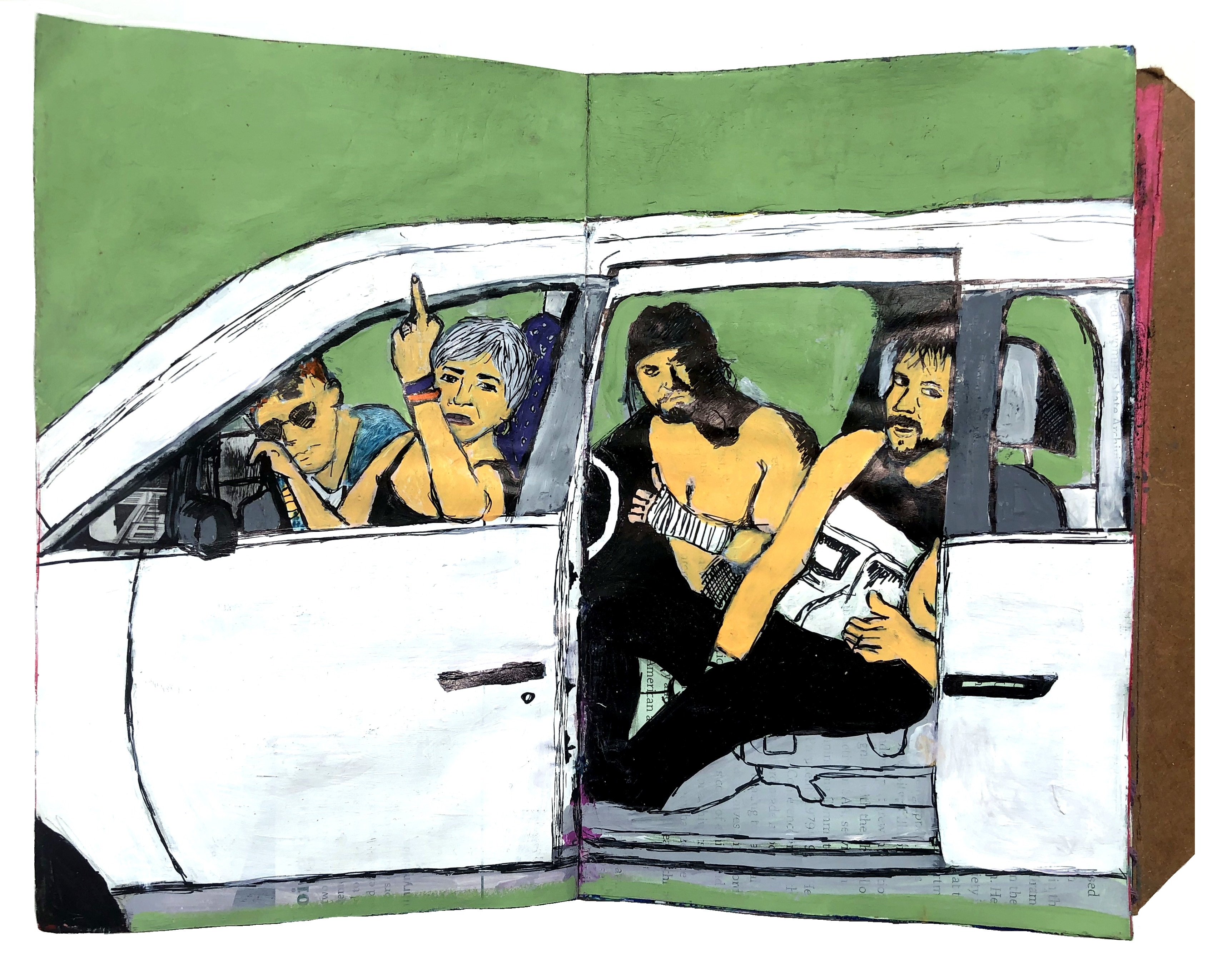 A mixed media art journal illustration of AEW wrestlers Best Friends (Trent? and Chuck Taylor) with Orange Cassidy in Sue's van after the Parking Lot Brawl.