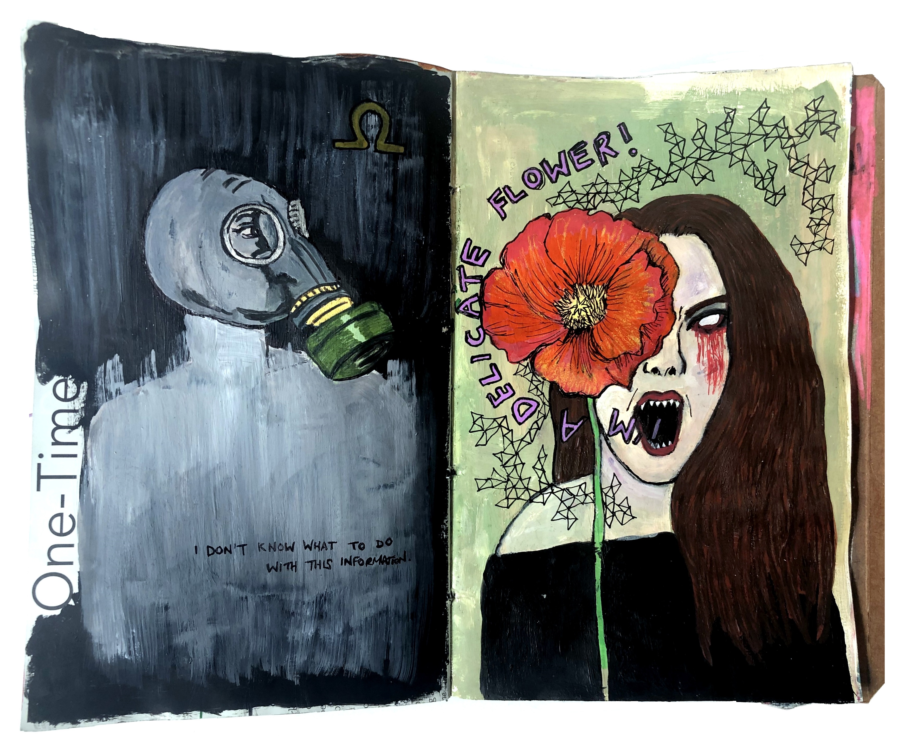 A mixed media art journal illustration of a person in a gas mask and an illustration of myself as a demonic being holding a flower in front of my eye with the words I'm a delicate flower! coming out of my mouth (the two pages are not related).