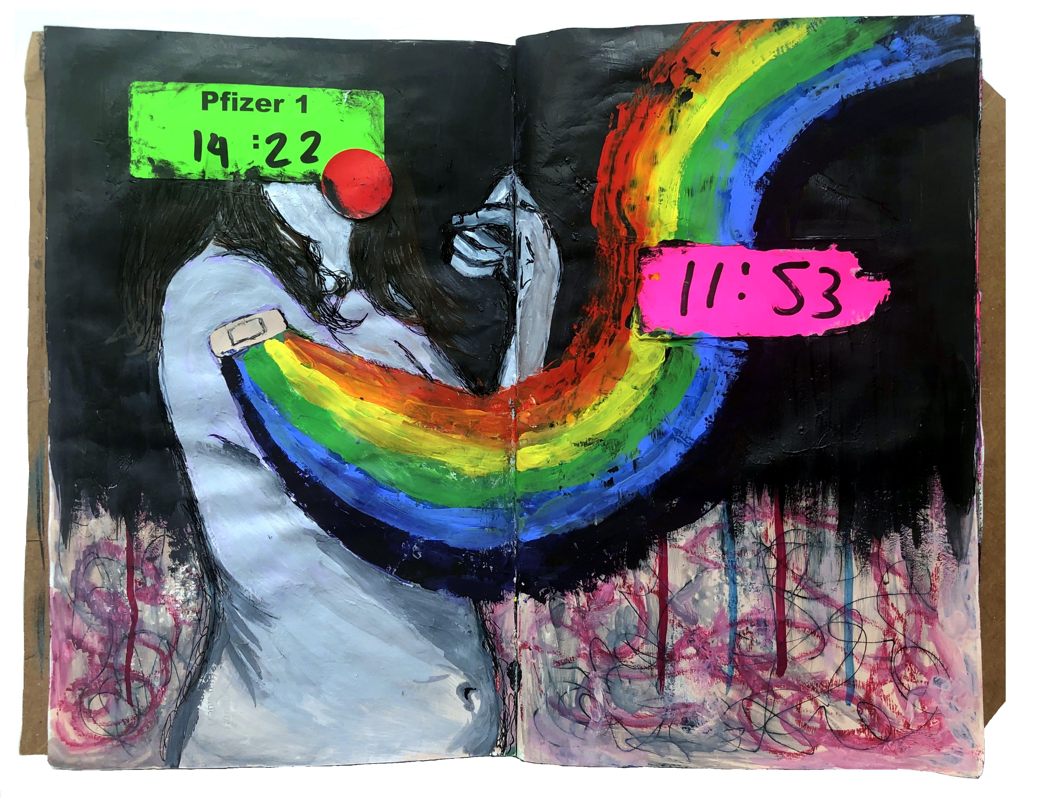 A mixed media art journal painting of a woman flexing her arm with a band-aid on it and a rainbow flowing out of it, against a half-black, half colorful/messy background and brightly colored stickers surrounding her.