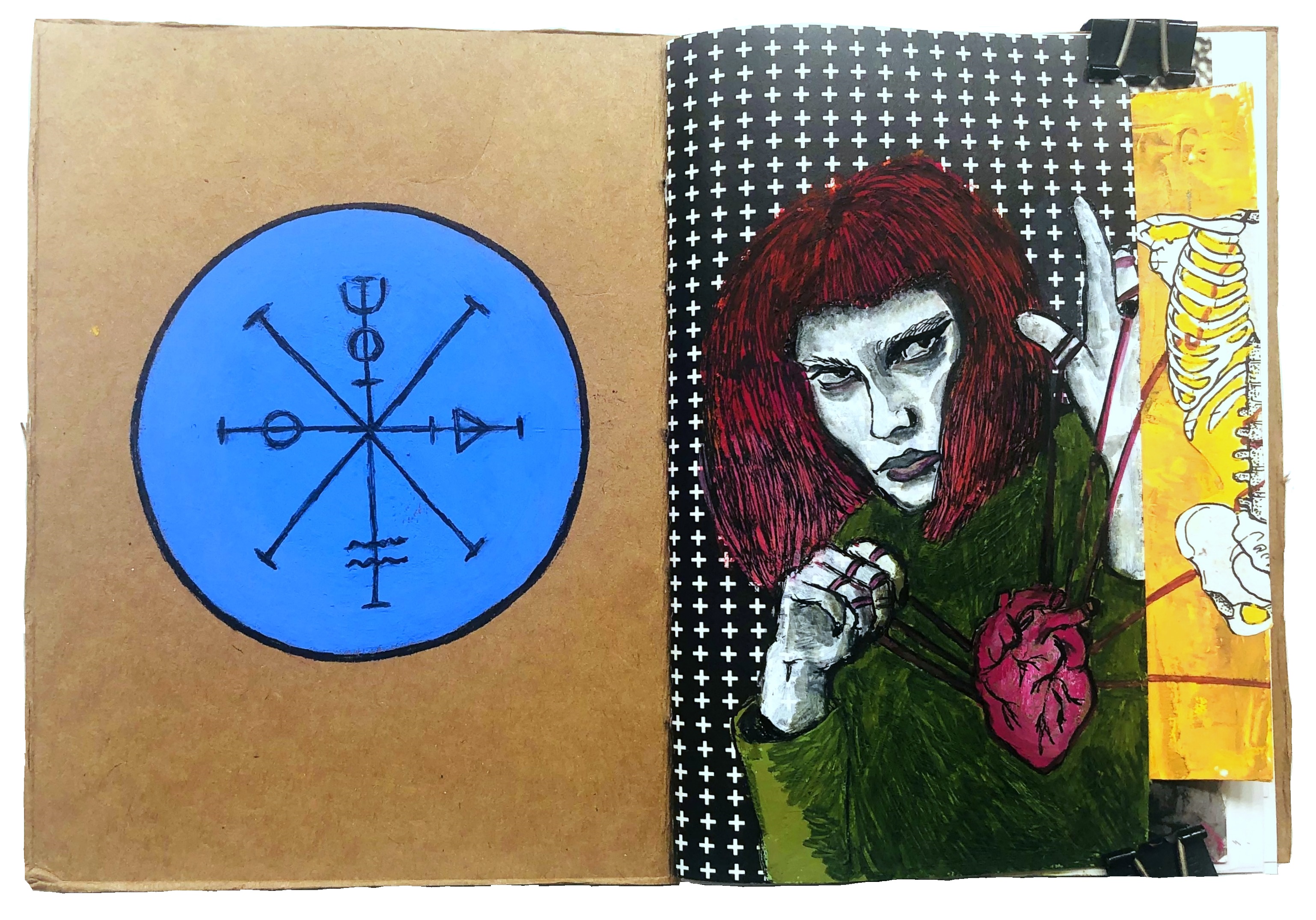A mixed media art journal illustration of the wheel of fortune and a red haired person holding an anatomical heart with red ribbon, linking to a skeleton on the next page. Reference photograph based off an image from fabrice_kasongo on the Museum by Sktchy app.