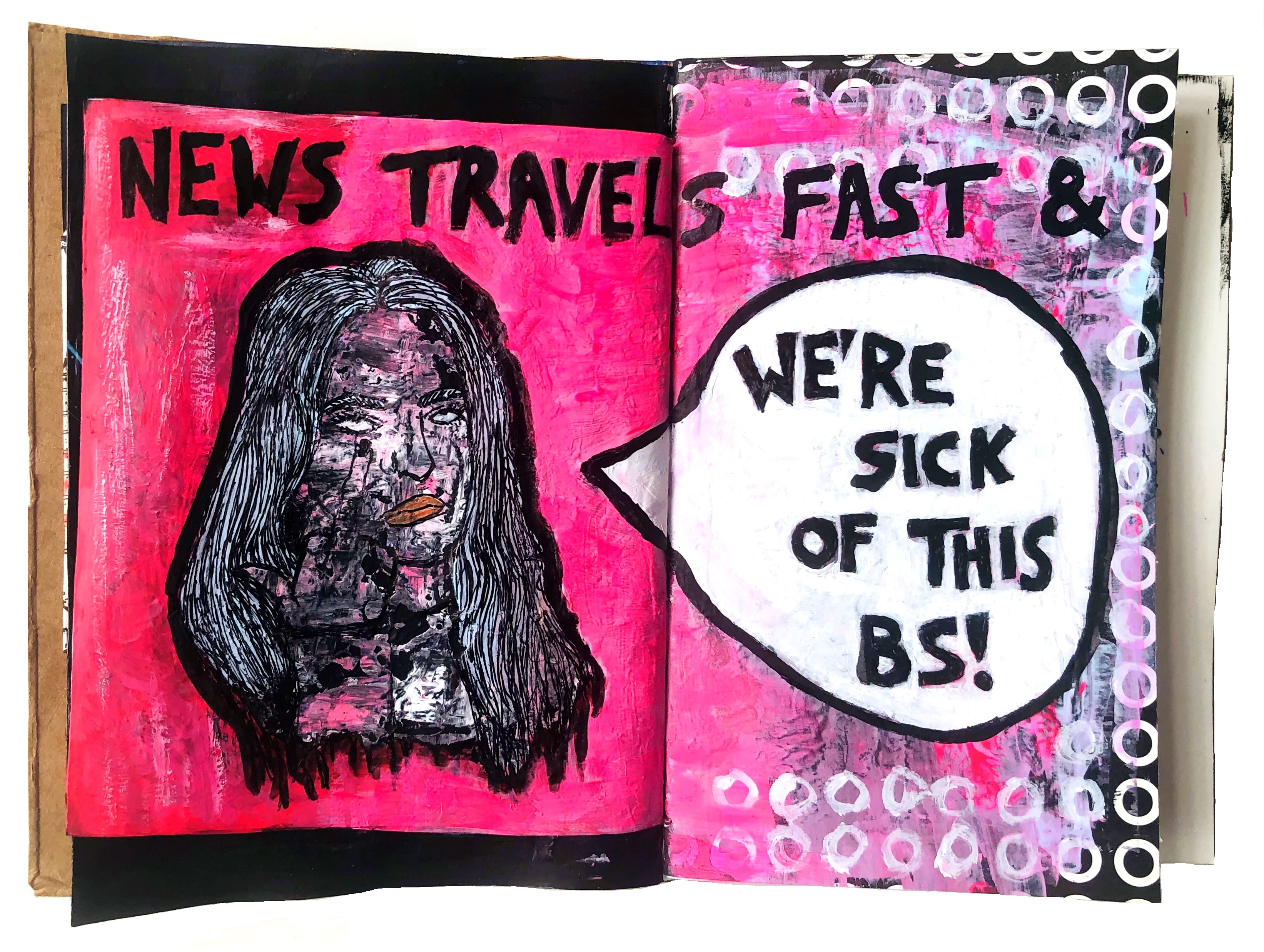 A mixed media art journal illustration of a woman flipping the bird and looking annoyed with the words news travels fast & we're sick of this bs! above her and in a speech bubble.