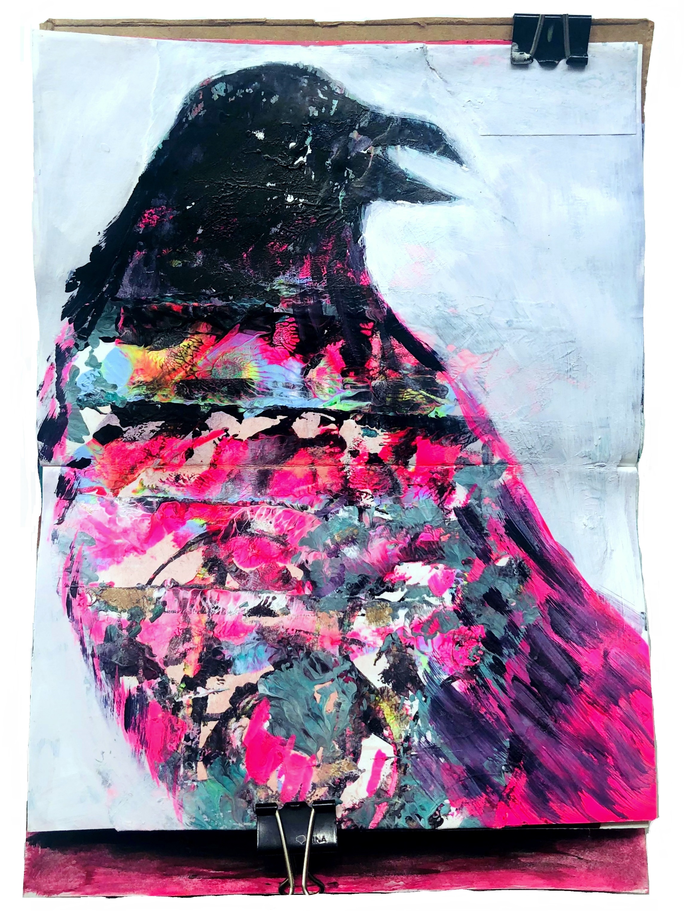 An art journal painting of a colorful crow.