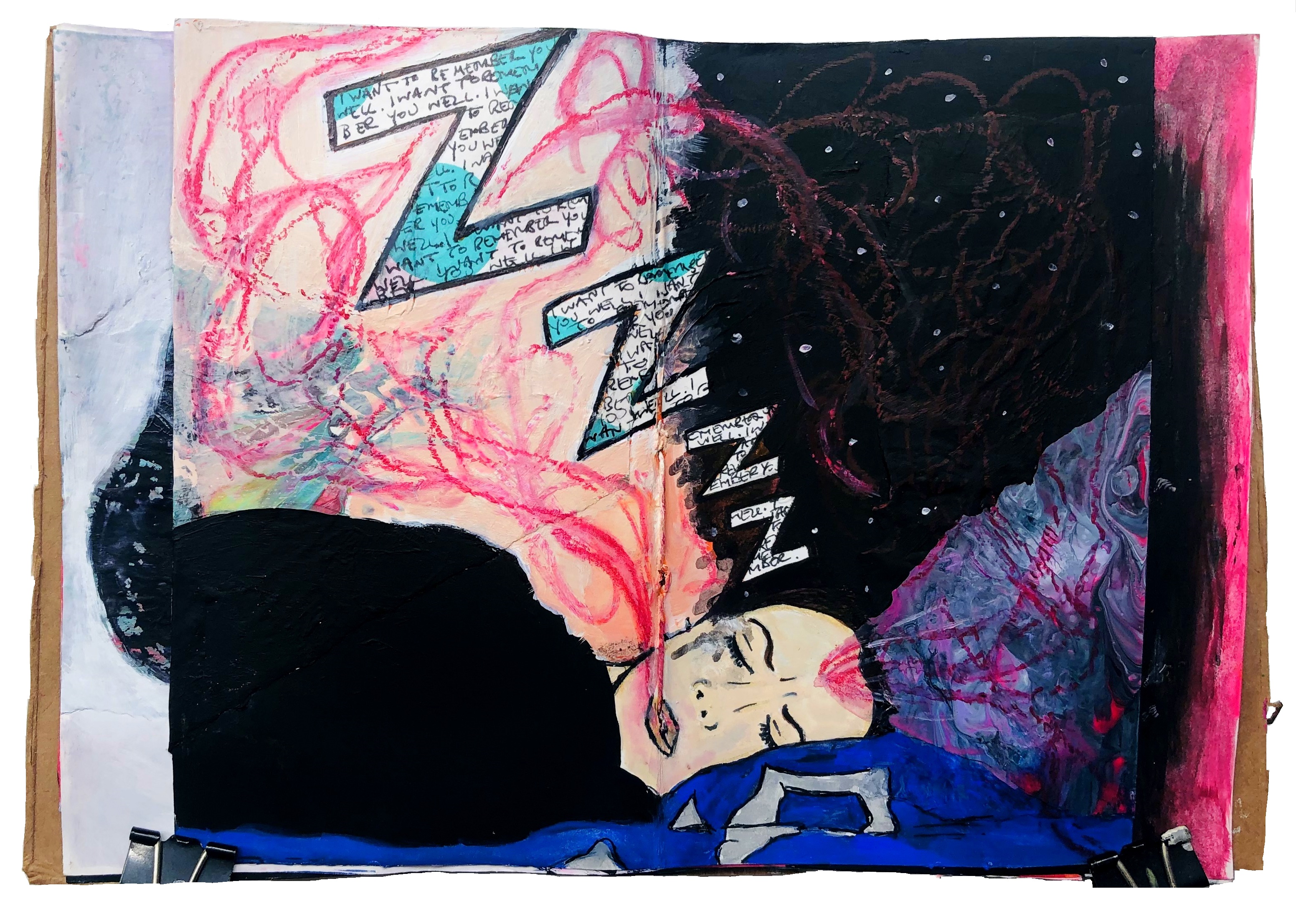 A mixed media art journal self-portrait about grief dreams.