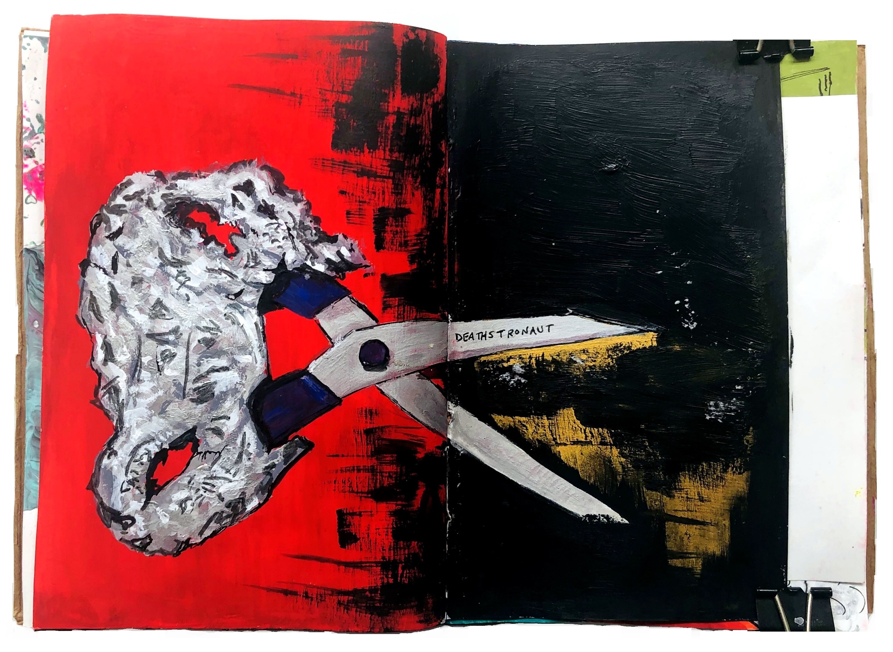 A mixed media art journal illustration of scissors covered in aluminium (aluminum for the Americans) foil with the word deathstronaut written on it.