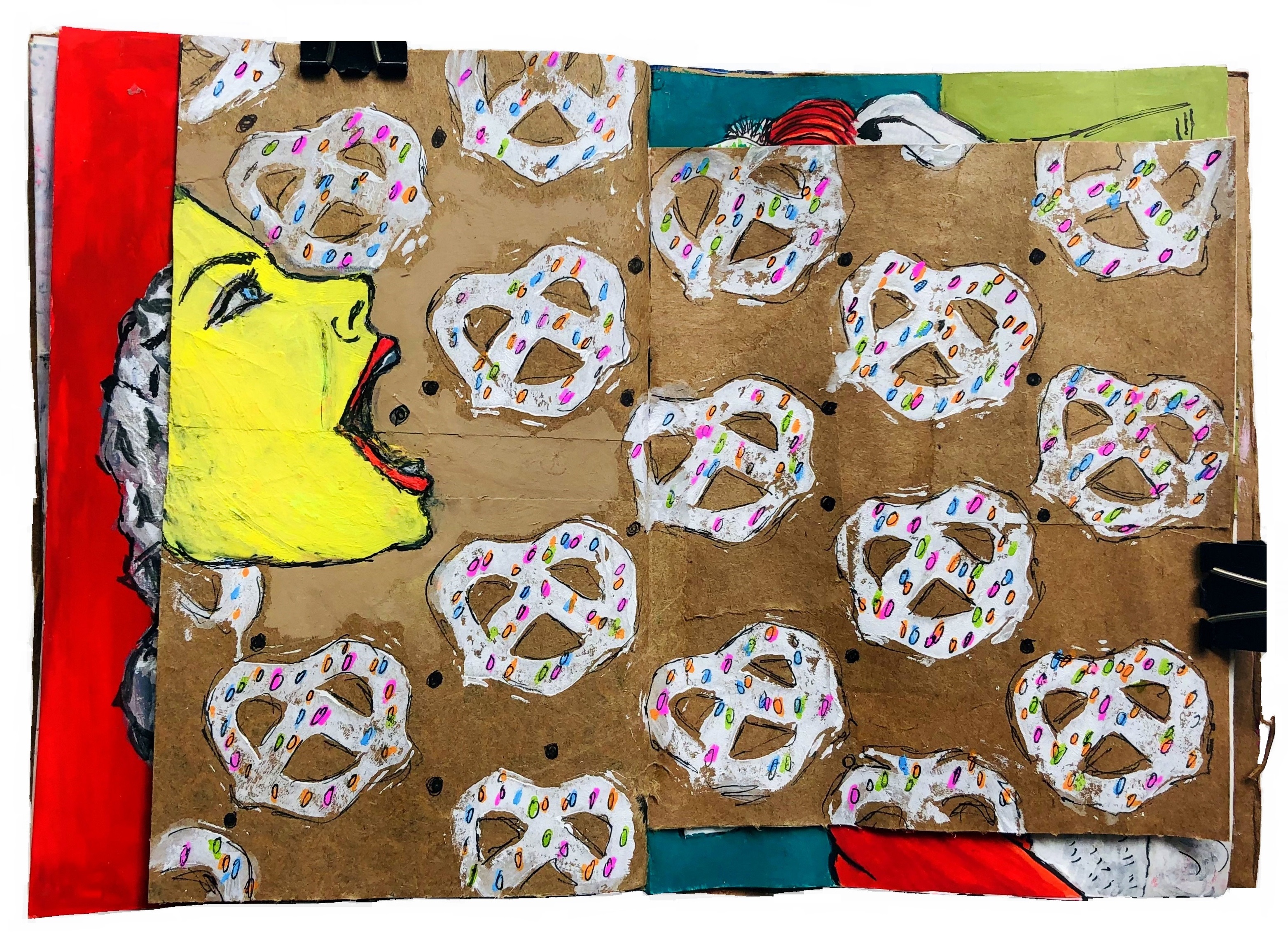 A mixed media art journal self-portrait as Ms. Pacman gobbling up pretzels.