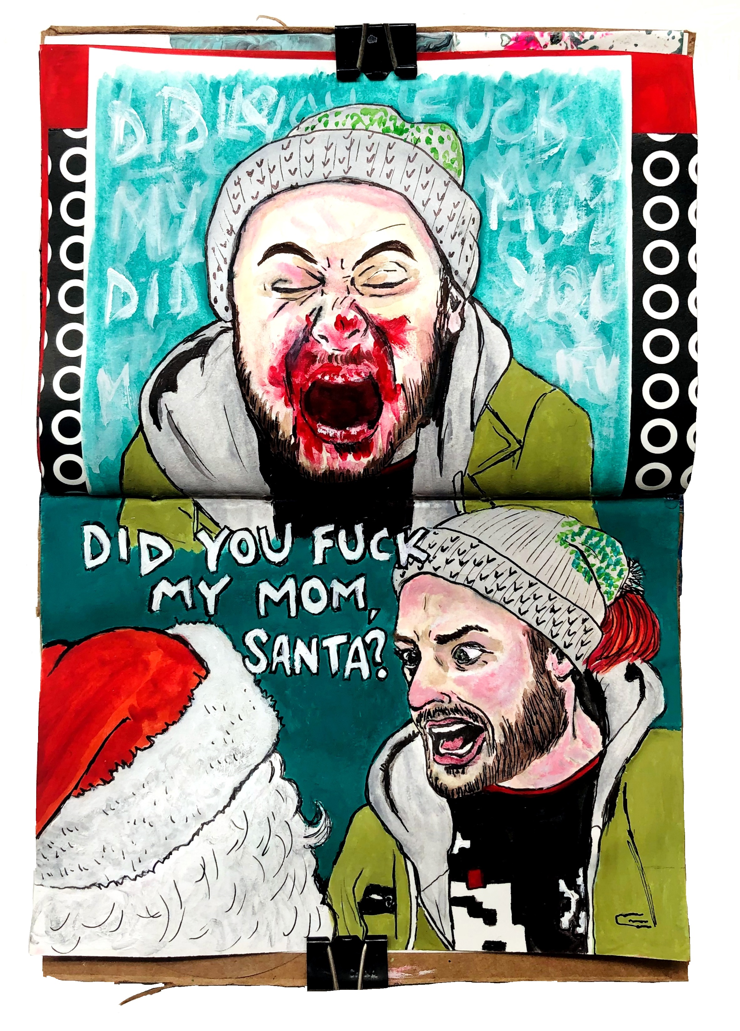 A mixed media art journal illustration of Charlie Kelly confronting (and attacking) Santa from the A Very Sunny Christmas episode of the television show It's Always Sunny in Philadelphia.