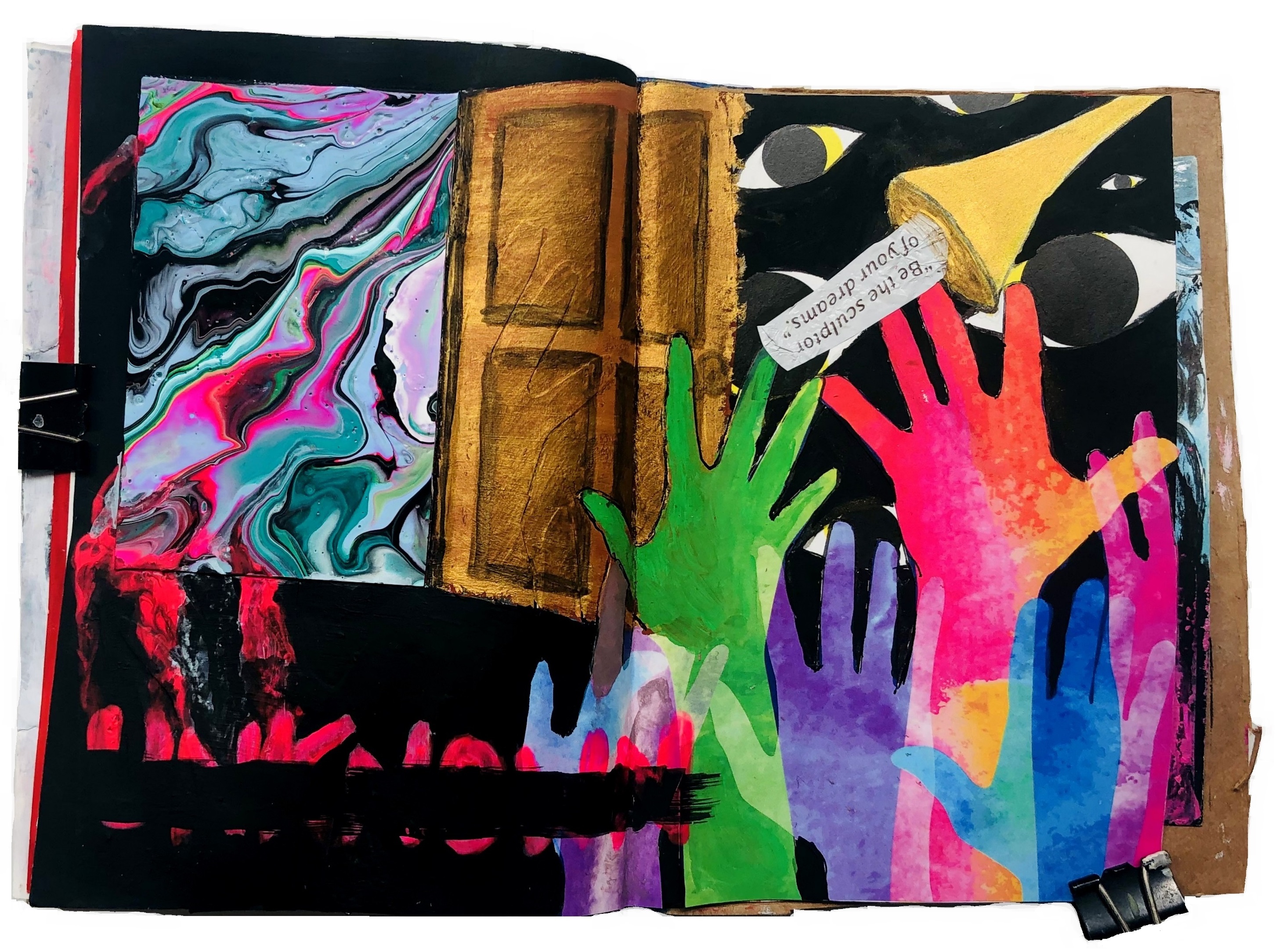 A mixed media art journal page depicting a trumpet from the heavens, a door leading to a colorful vortex, and vibrant hands reaching up to the sky.