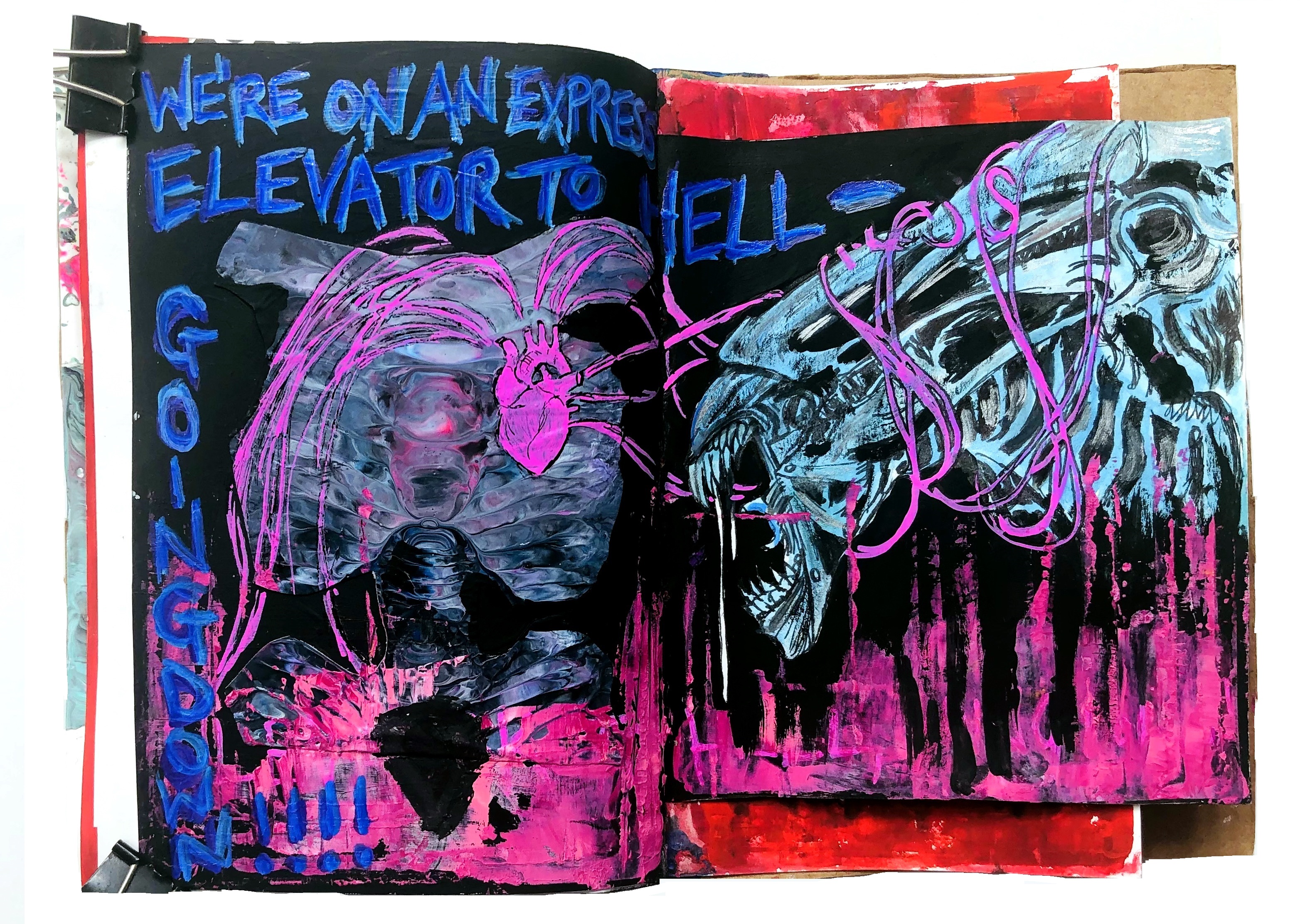 A mixed media art journal illustration inspired by the movie Aliens including an alien-looking rib cage with an anatomical heart shooting out pink strands, taking down a xenomorph with the quote we are on an express elevator to hell – going down!