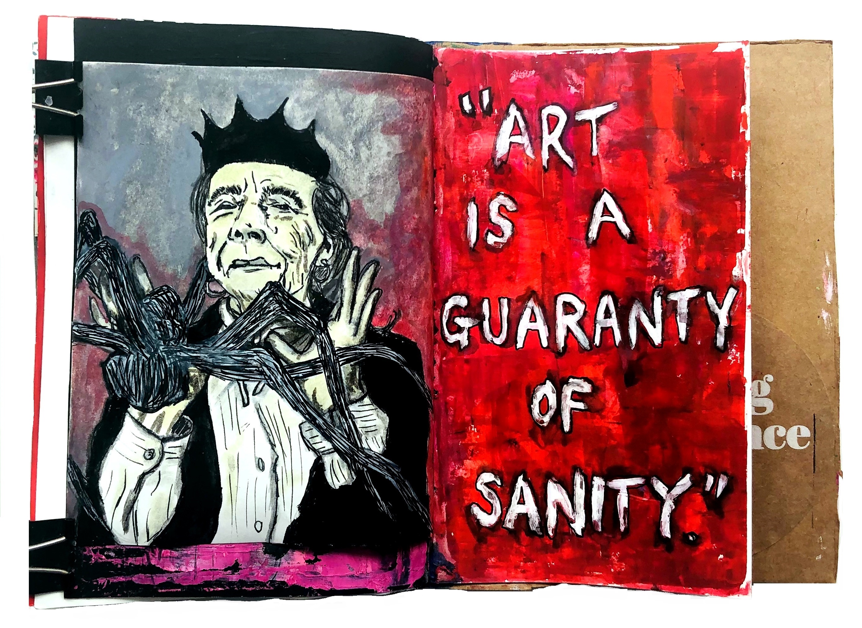A mixed media art journal illustration of the French-American artist Louise Bourgeois with her famous spider sculpture and her quote art is a guaranty of sanity.