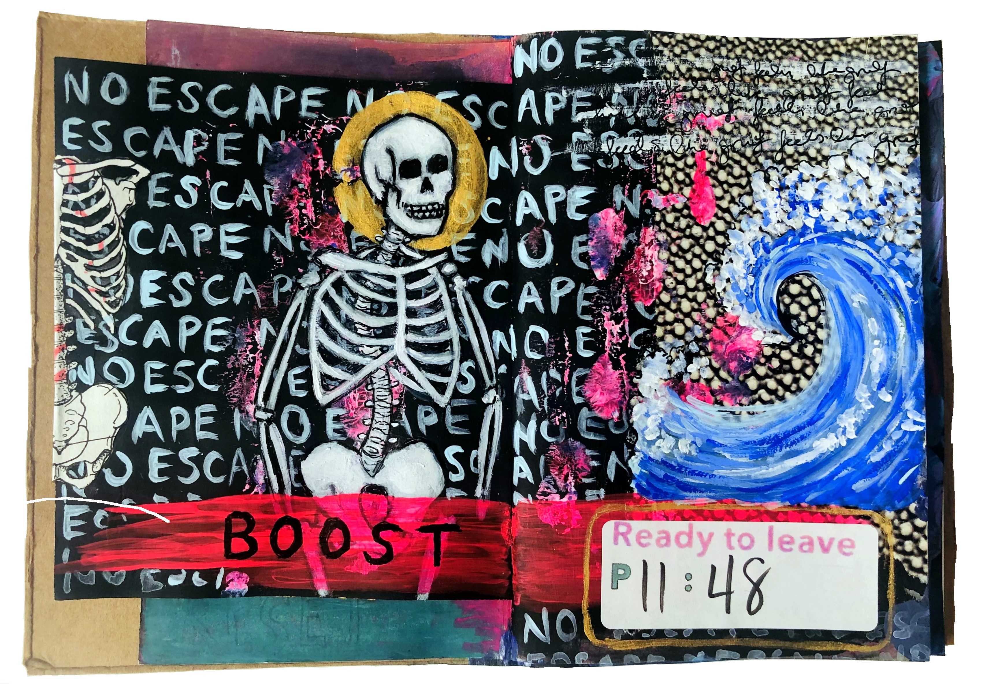 A mixed media art journal illustration of a skeleton and a wave with the words no escape in the background and the word boost underneath the skeleton.