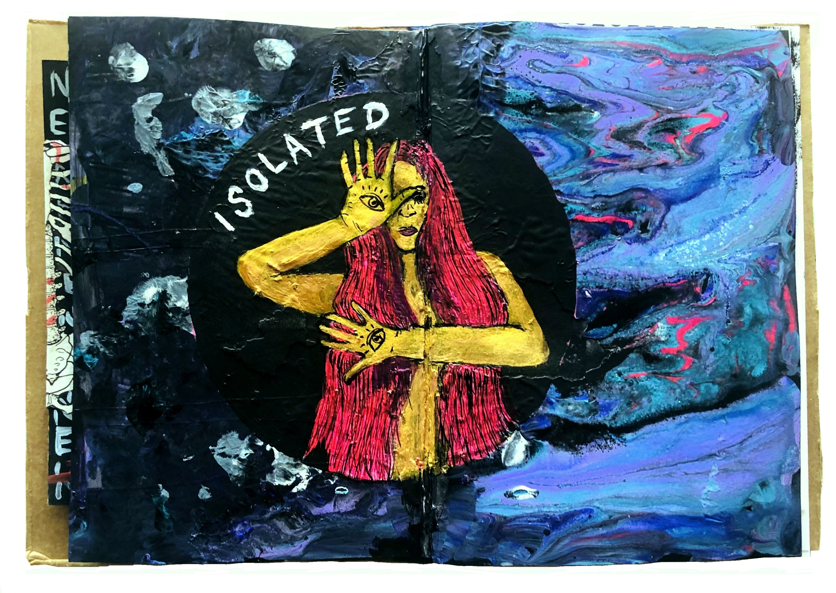 A mixed media art journal illustration of a woman in gold with long pink hair holding her hands up in a void with the word isolated next to her and eyes on her palms, she is surrounded by a neon paint pour.