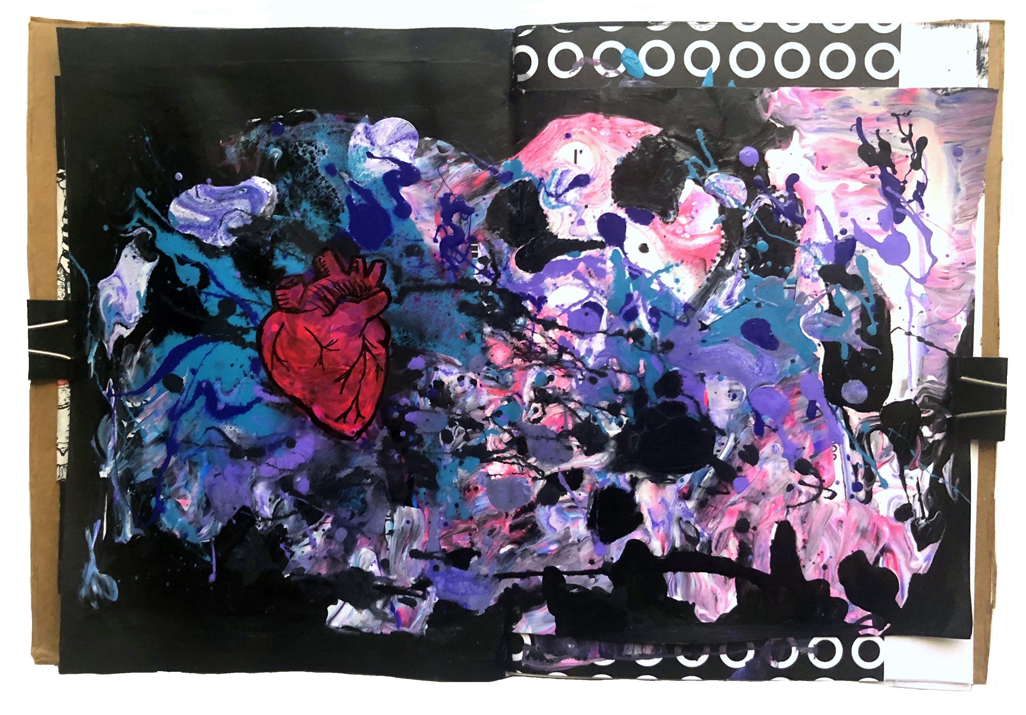 A mixed media art journal illustration of a neon pink anatomical heart surrounded by a messy acrylic paint pour.