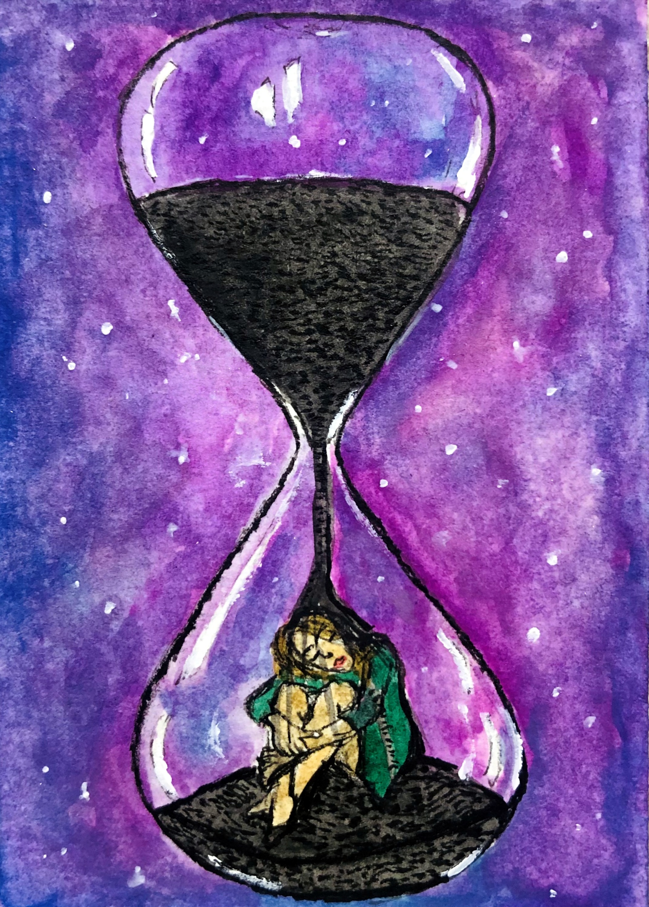 An art journal page with an illustration of an hourglass with black sand flowing from the top chamber to the bottom chamber. Inside the bottom chamber, a woman is portrayed sitting down with her knees drawn up to her chest, her head resting on her knees, and her arms wrapped around them.