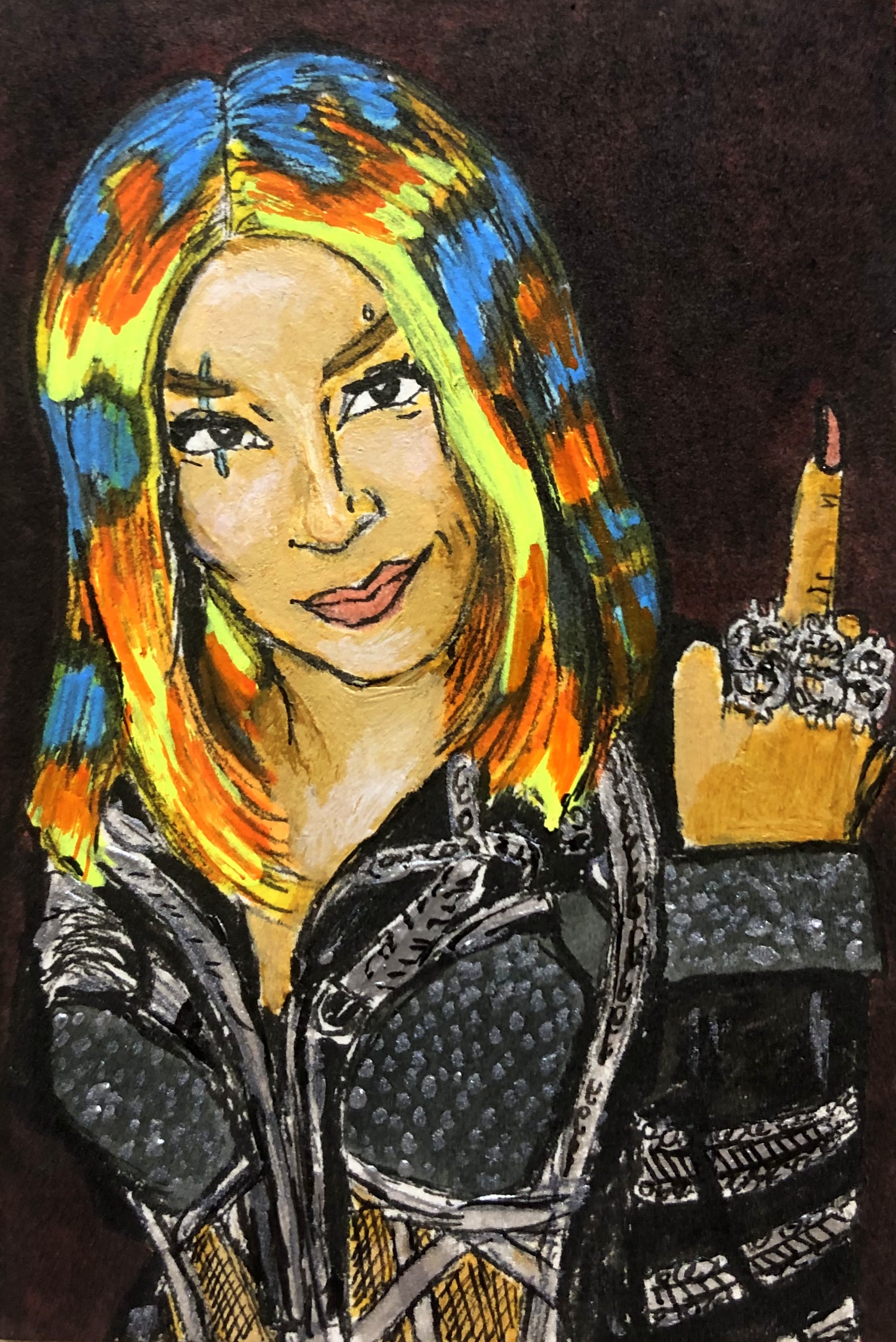 An art journal page with an illustration of wrestler Mercedes Mone with colorful hair flipping the bird.