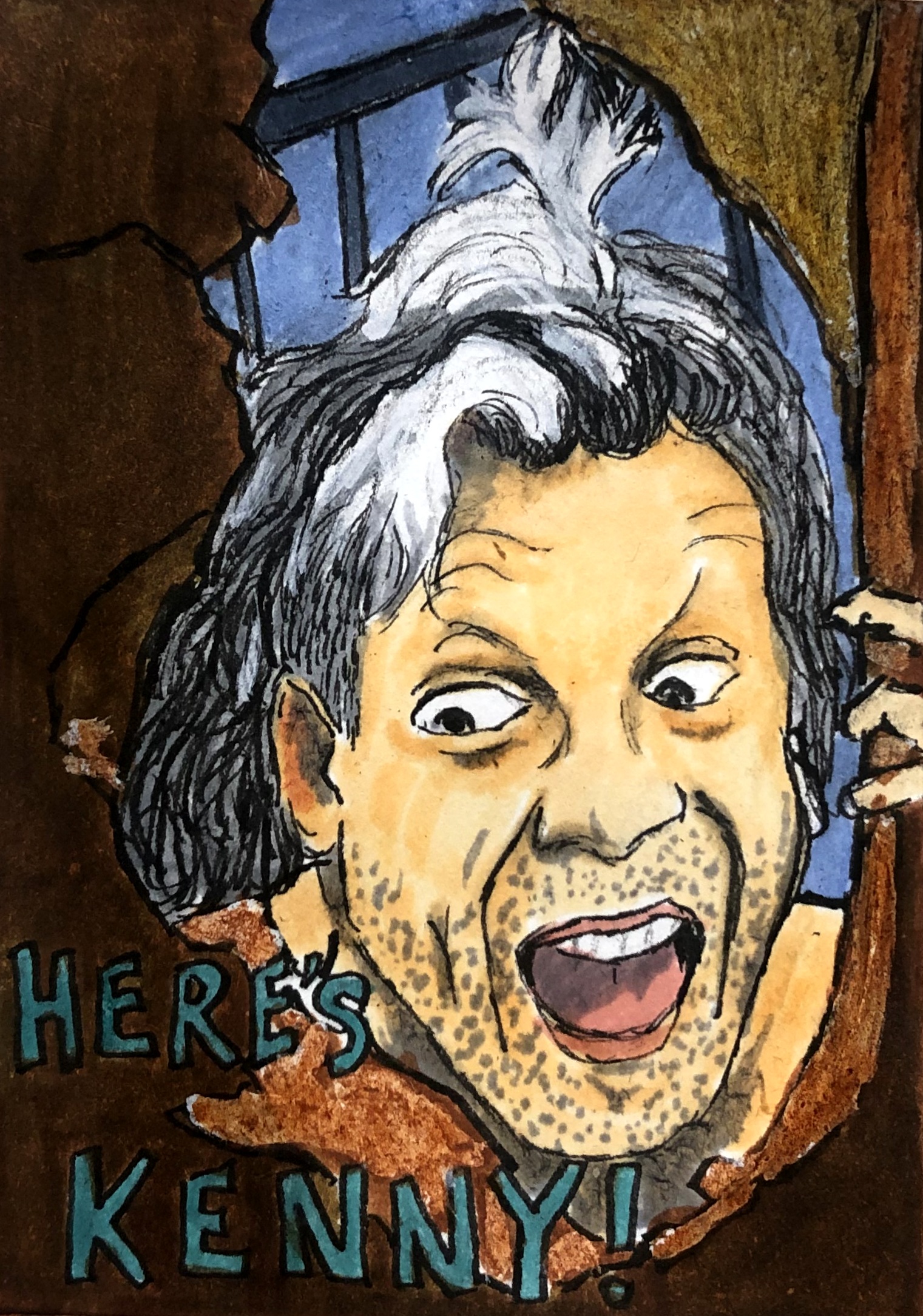 An art journal page with an illustration of AEW wrestler Kenny Omega crazily looking through a jagged hole in a wooden table.