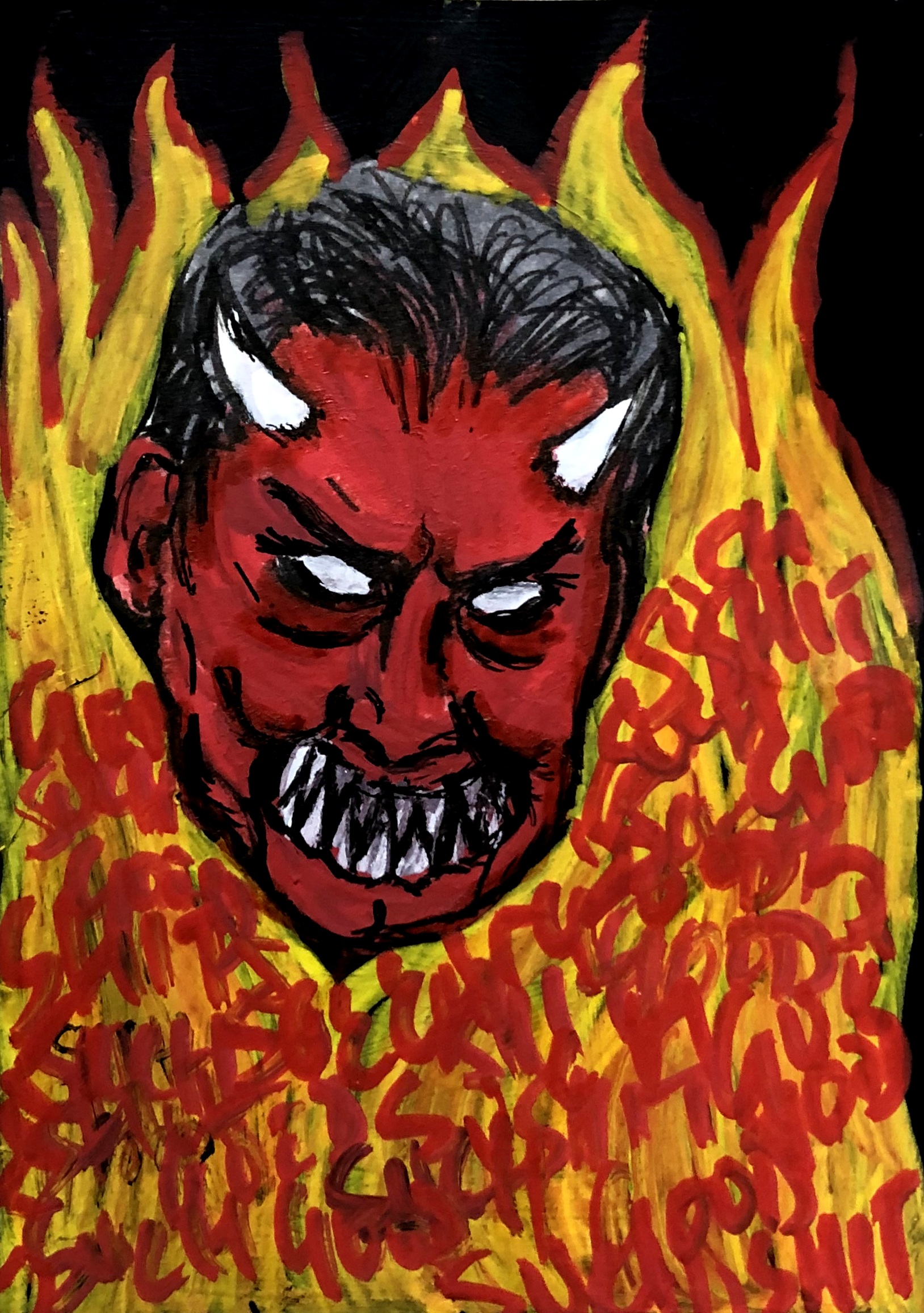 An art journal page with an illustration of a demonic man surrounded by words and fire. Might be alluding to the wild wrestling related rumors from January 2023.