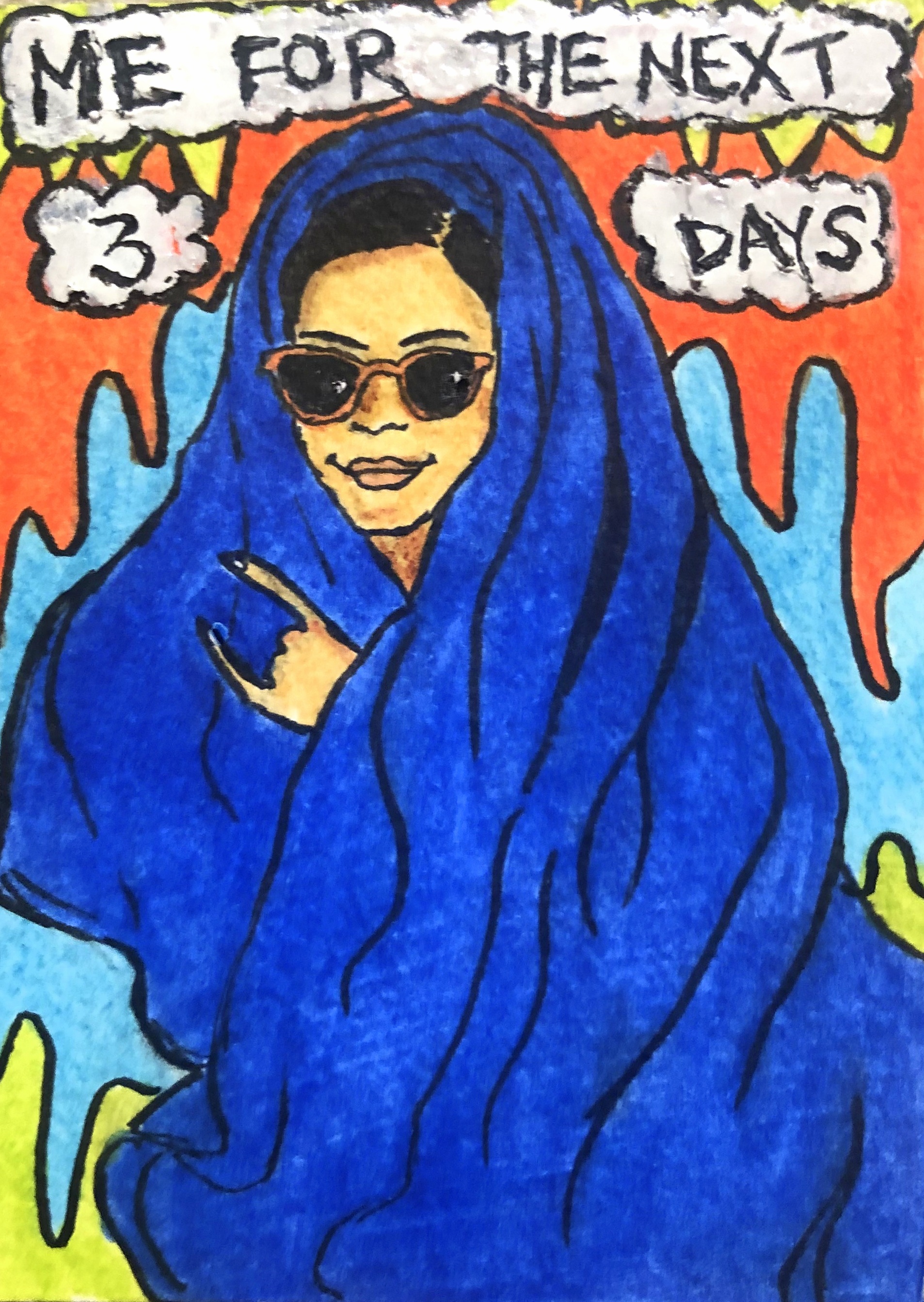 An art journal page with an illustration of a woman wearing sunglasses, bundled up in a blanket, smiling and throwing the devil horns. Reference is celeste_aubert on the Museum by Sktchy app.