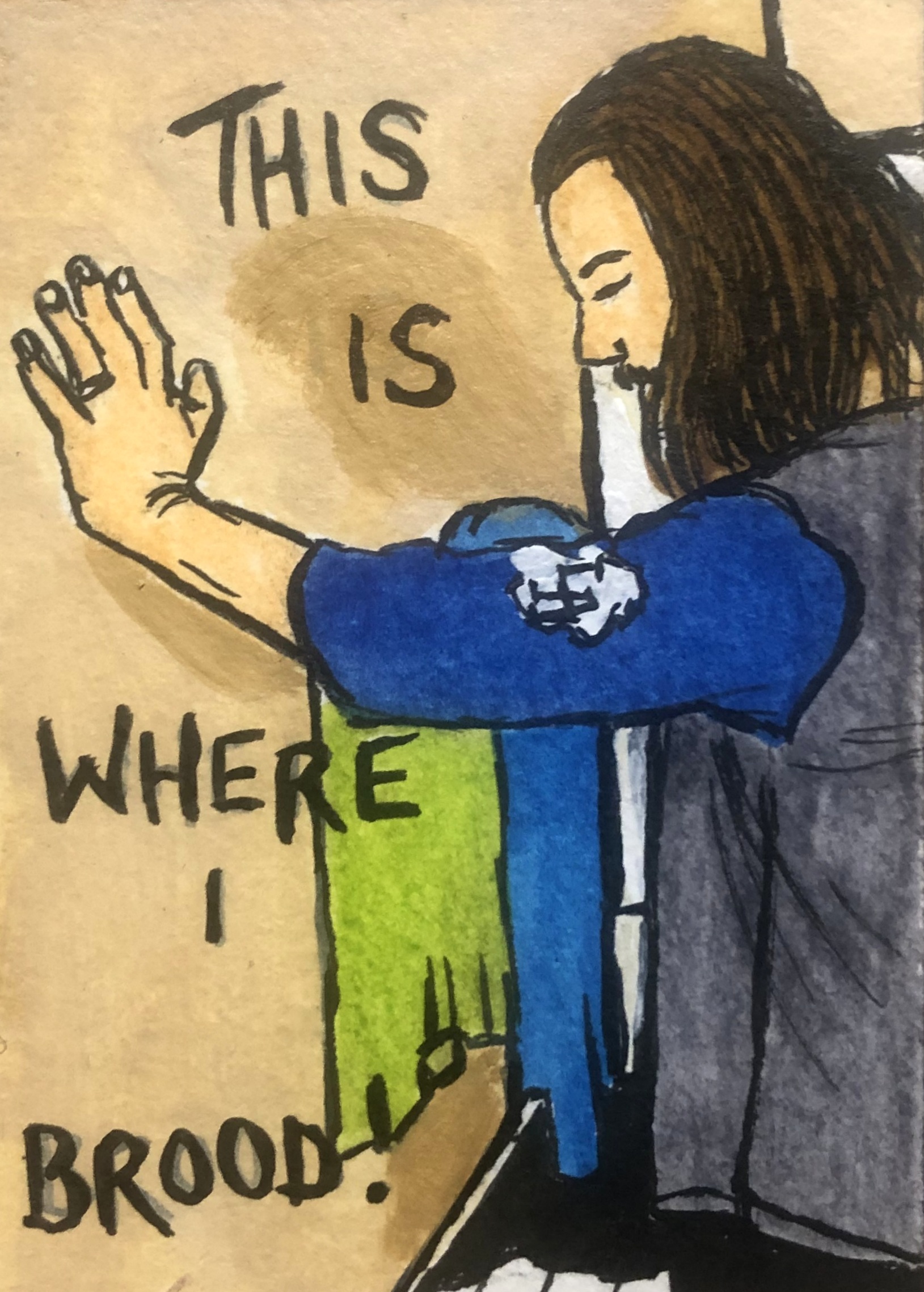 An journal page with an illustration of my husband leaning against the wall in our bathroom with the words, this is where I brood! next to him.