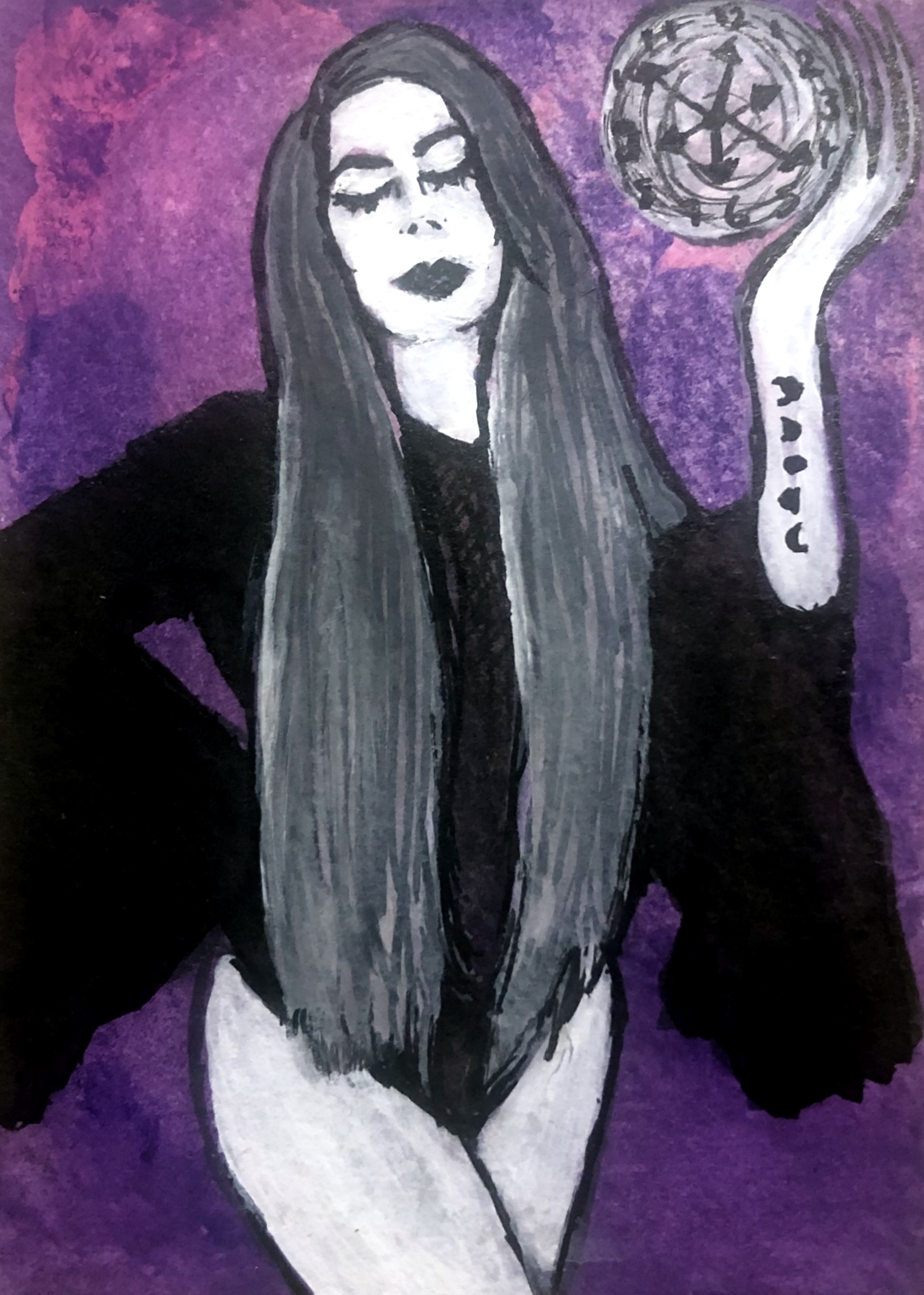 An art journal page with an illustration of a witchy woman holding a spinning clock. Reference is loosely tessaluna on the Museum by Sktchy app.