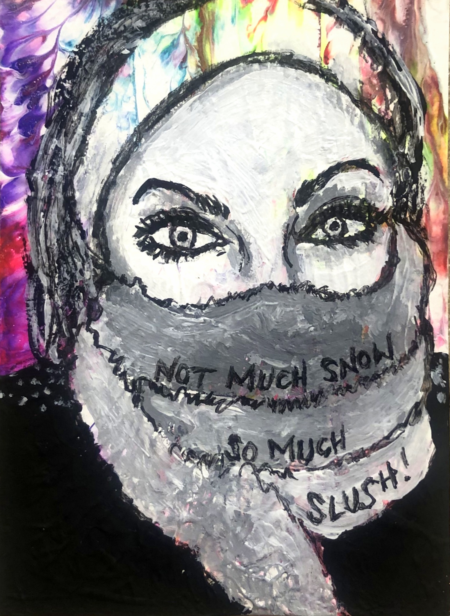 An art journal page with an illustration of a woman with a scarf wrapped around her face against an acrylic paint pour background.