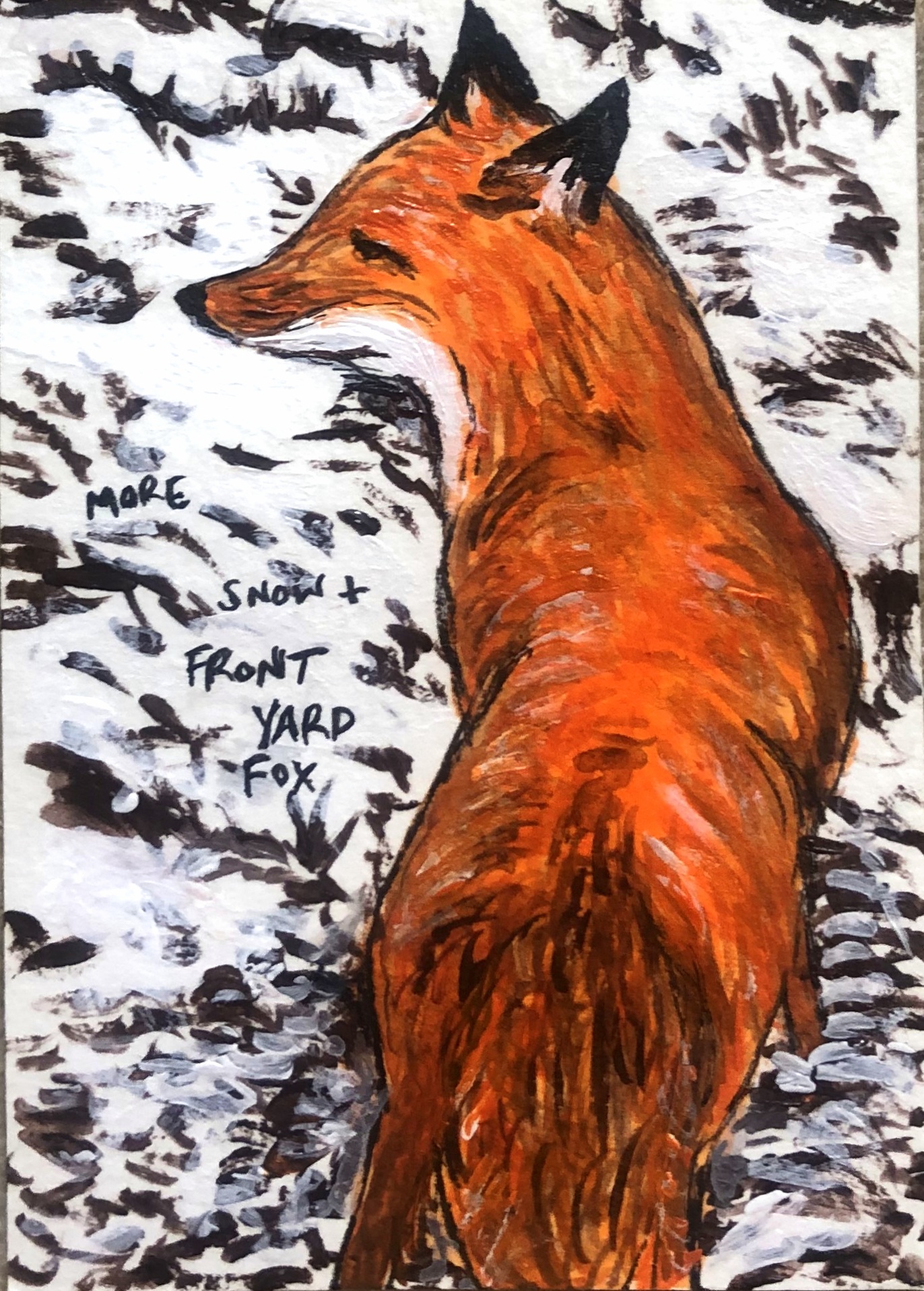 An illustration of a fox in a snowy landscape.