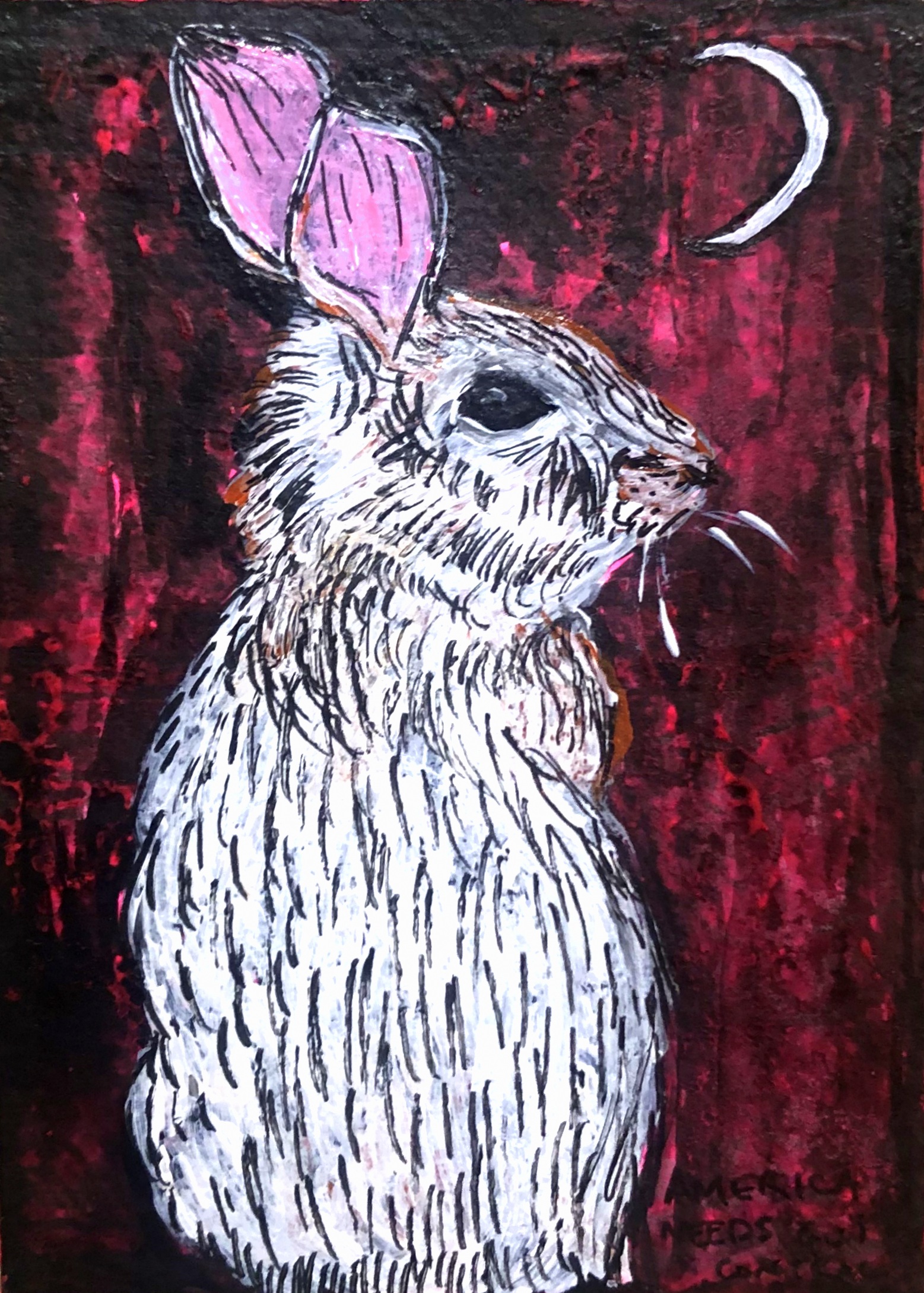 An illustration of a white rabbit positioned in profile, facing right against a dark and textured pink background. A crescent moon is in the upper right corner.