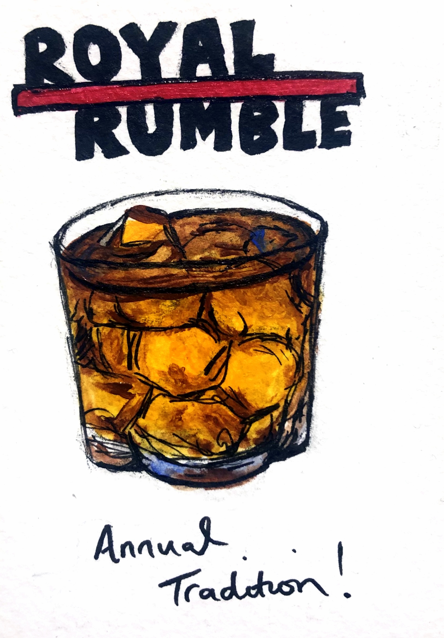 An illustration of a glass of whiskey and soda on the rocks with notes about the annual Royal Rumble drinking game tradition.