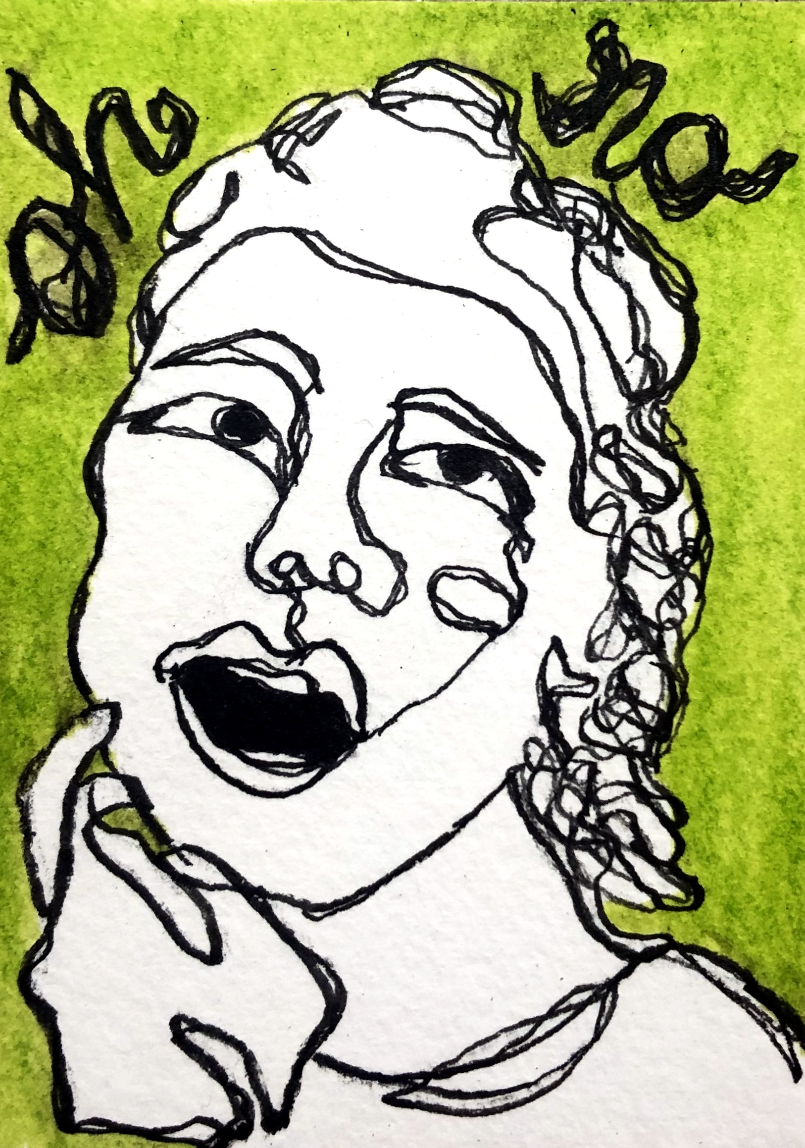 An illustrated blind contour portrait looking up to the sky in pain with the words, “oh no,” above.