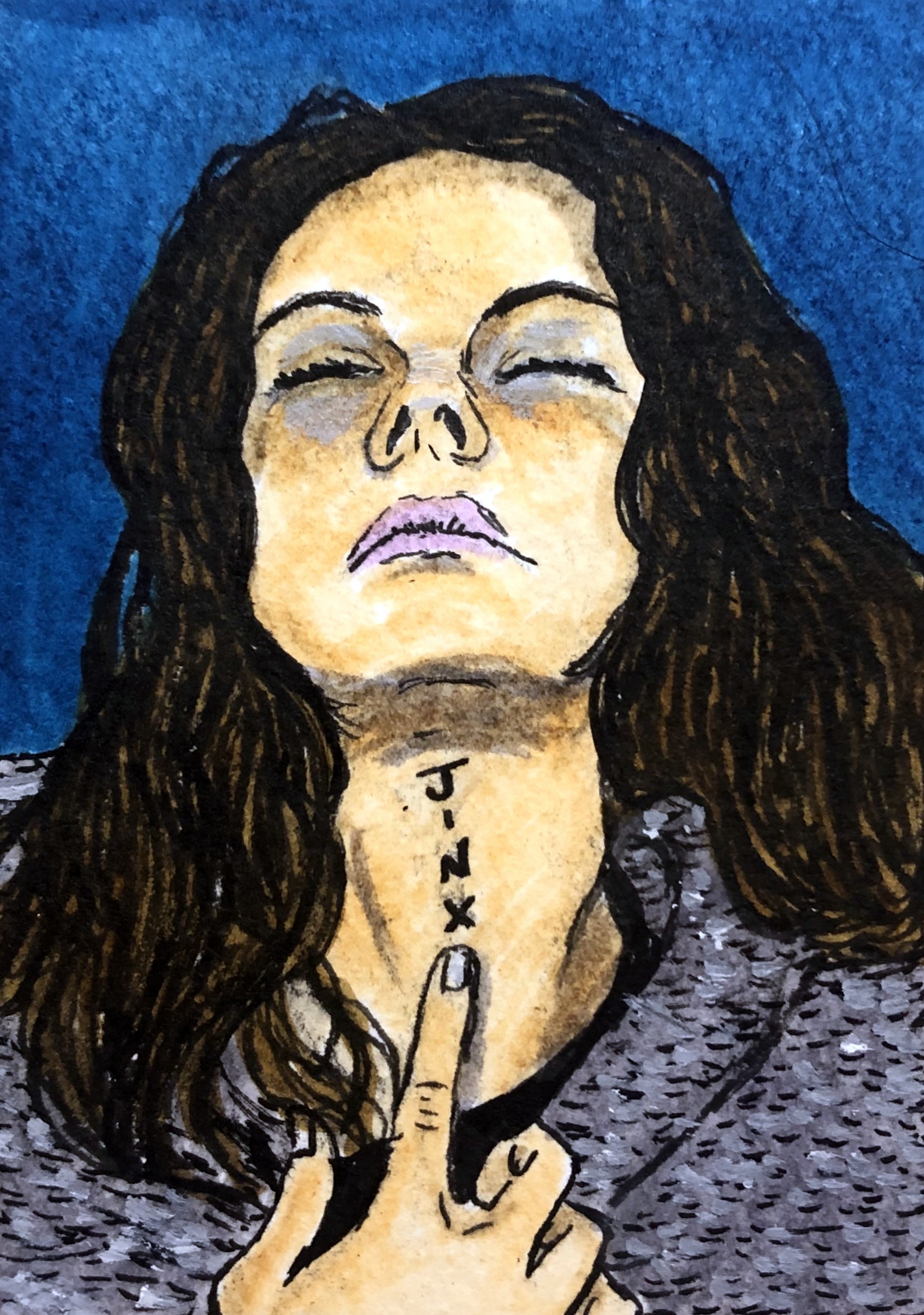 An illustrated self-portrait while sick, eyes closed, pointing to the word “jinx” on my neck.