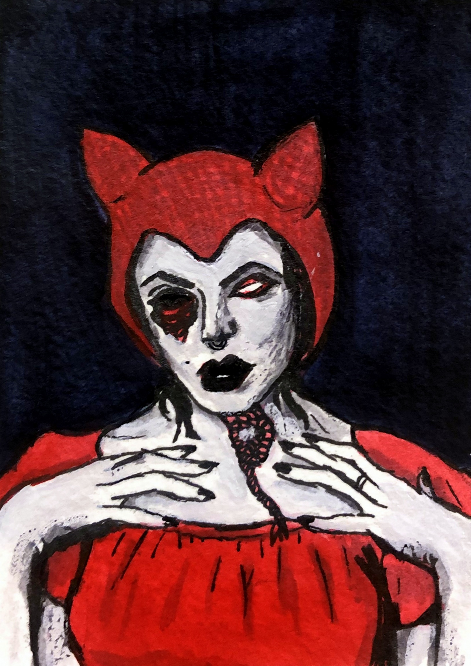An illustration of a pale woman wearing a red garment and a horned headpiece, eyes gouged out, hands on her collarbone.