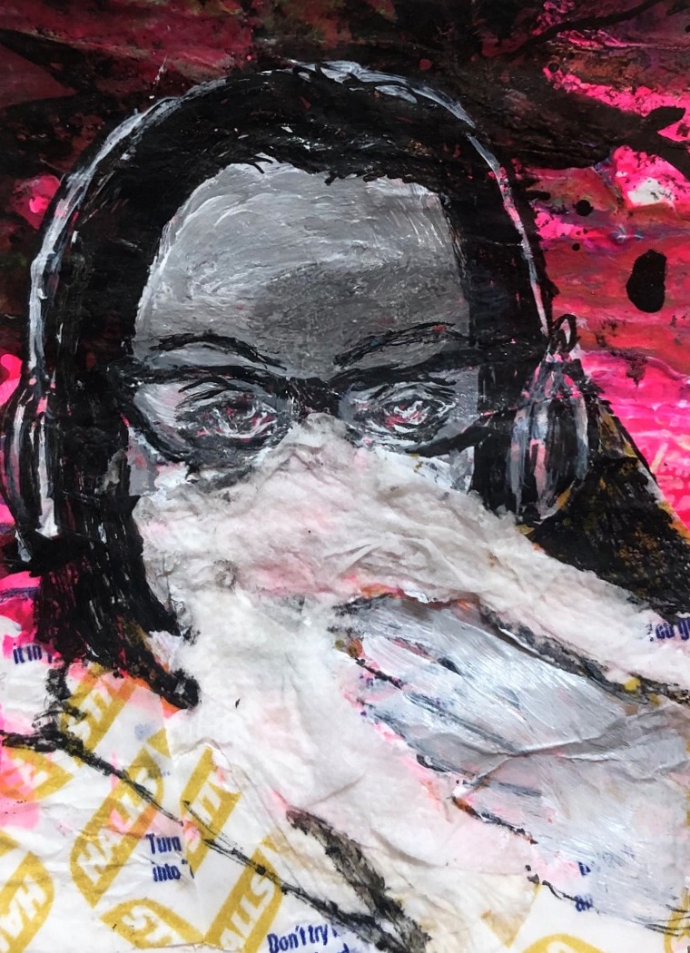 An illustrated self-portrait looking unwell, blowing my nose with a tissue.