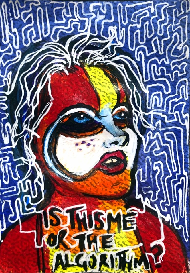 An illustration of a woman with face paint looking up and questioning algorithms. Loosely based on alexafitzpatrick on the Museum by Sktchy app.