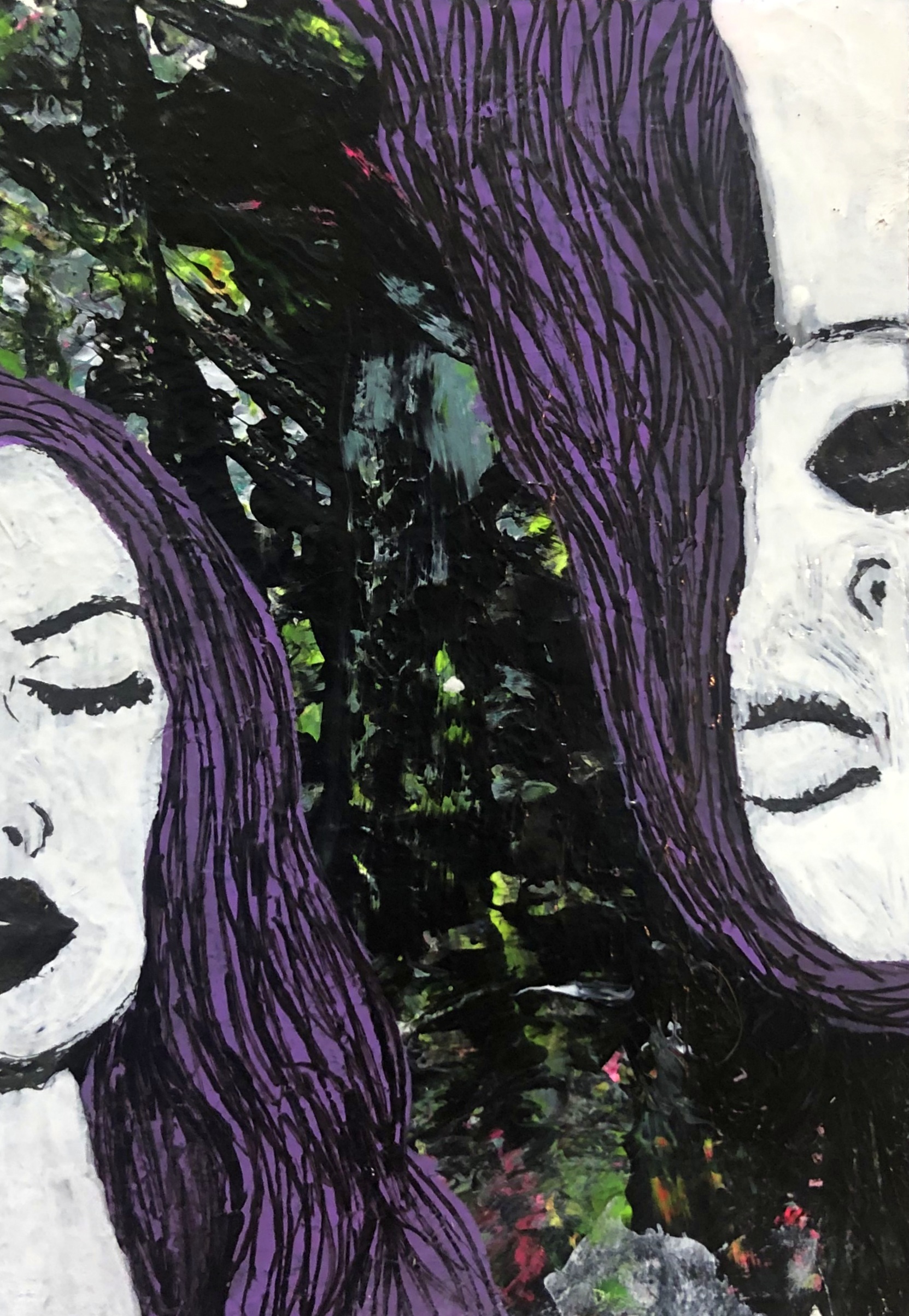 Illustrations of two female half faces mirroring each other upside-down, pale with eyes closed and long purple hair.
