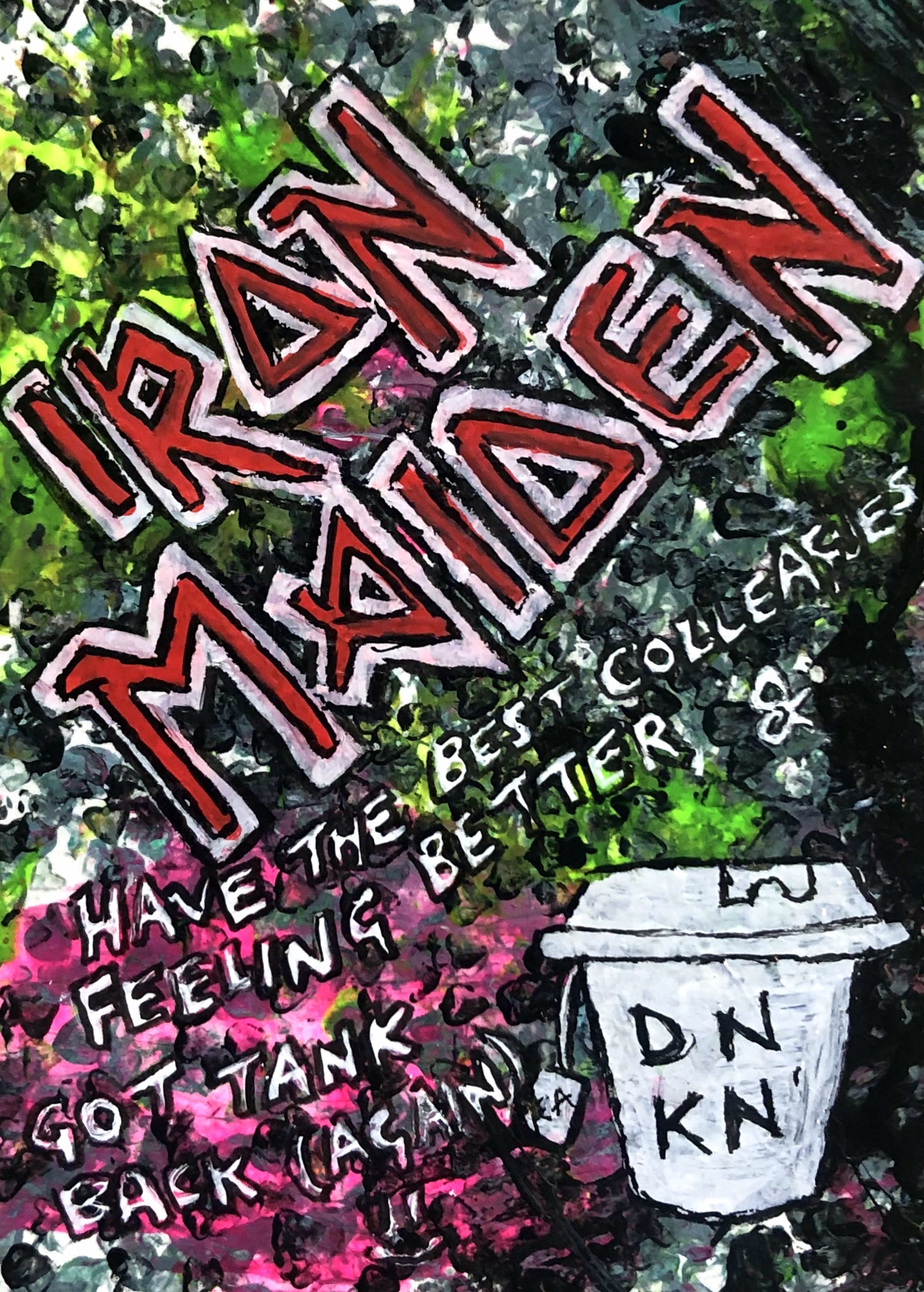 Doodles of a tea cup, writing, and the Iron Maiden logo against a messy paint background.