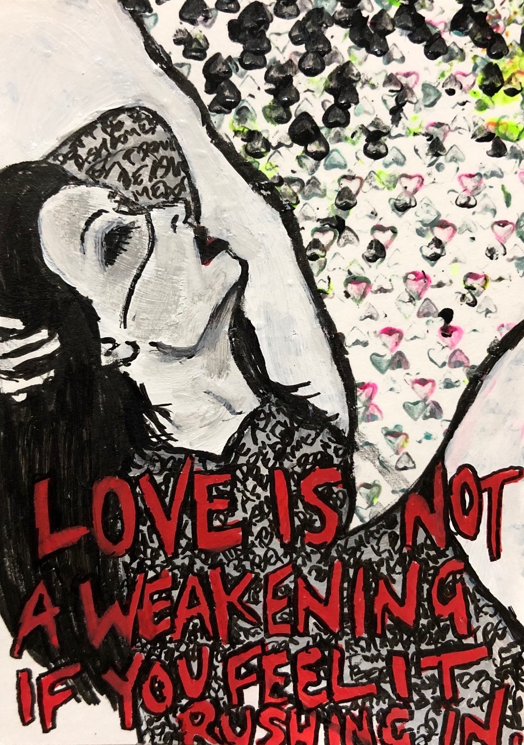 An illustration of a woman tilting her head back with eyes closed; hearts coming out of her chest with Paramore lyrics at the bottom.