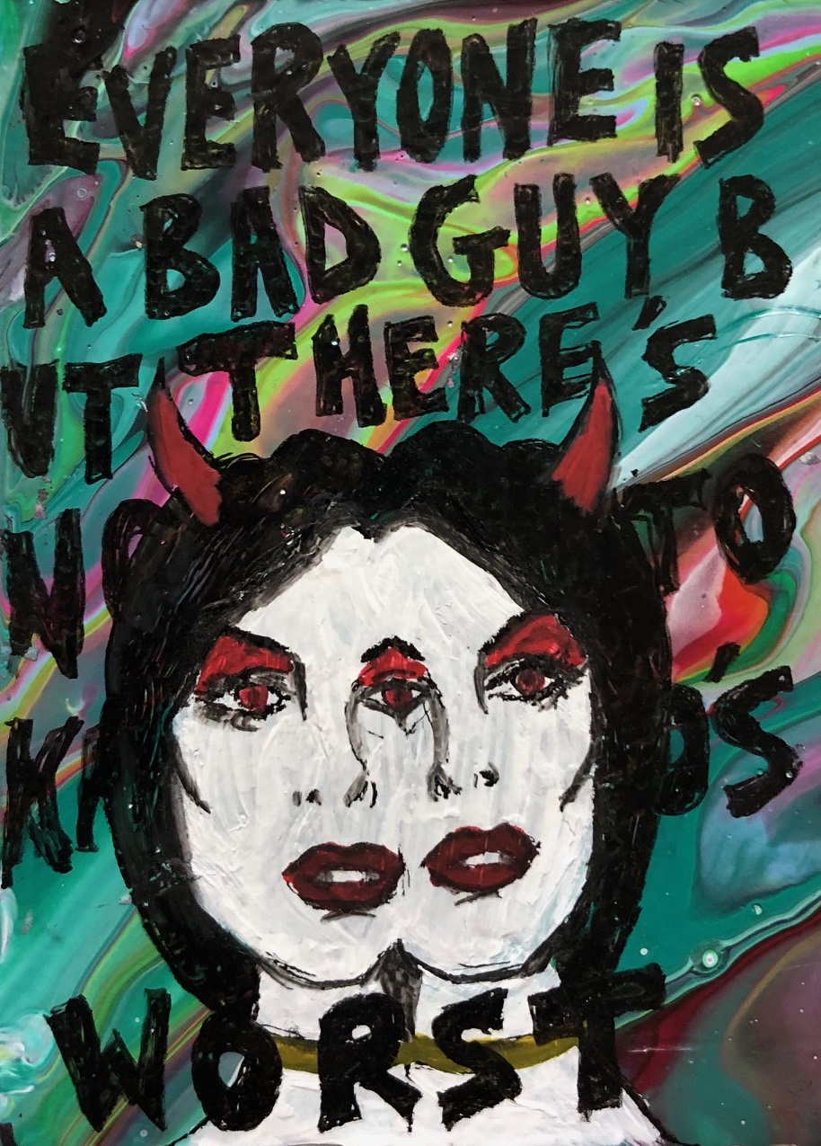 An illustration of a double demon woman against an acrylic pour background with Paramore lyrics.