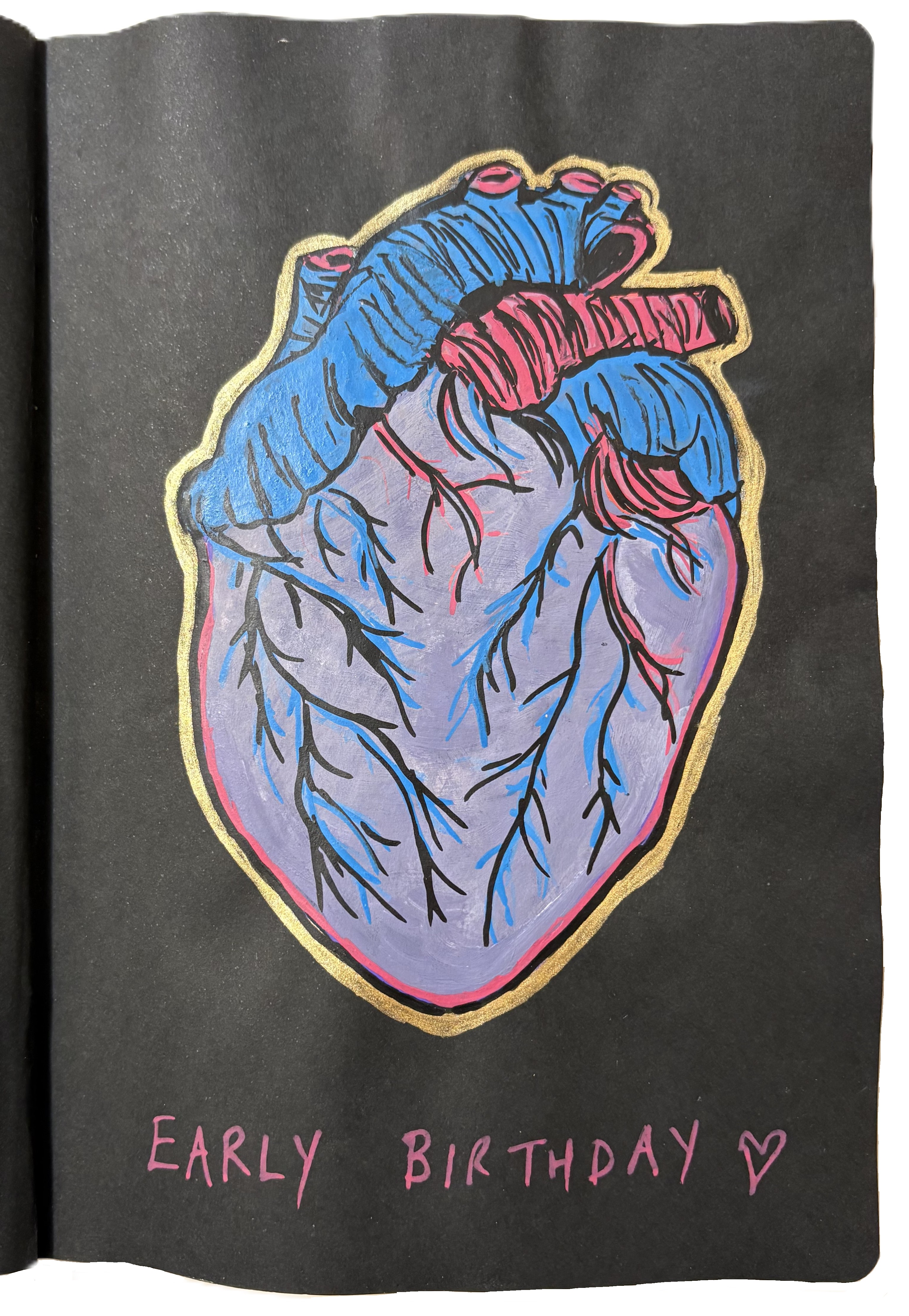 An art journal illustration of an anatomical heart with the words early birthday written underneath.