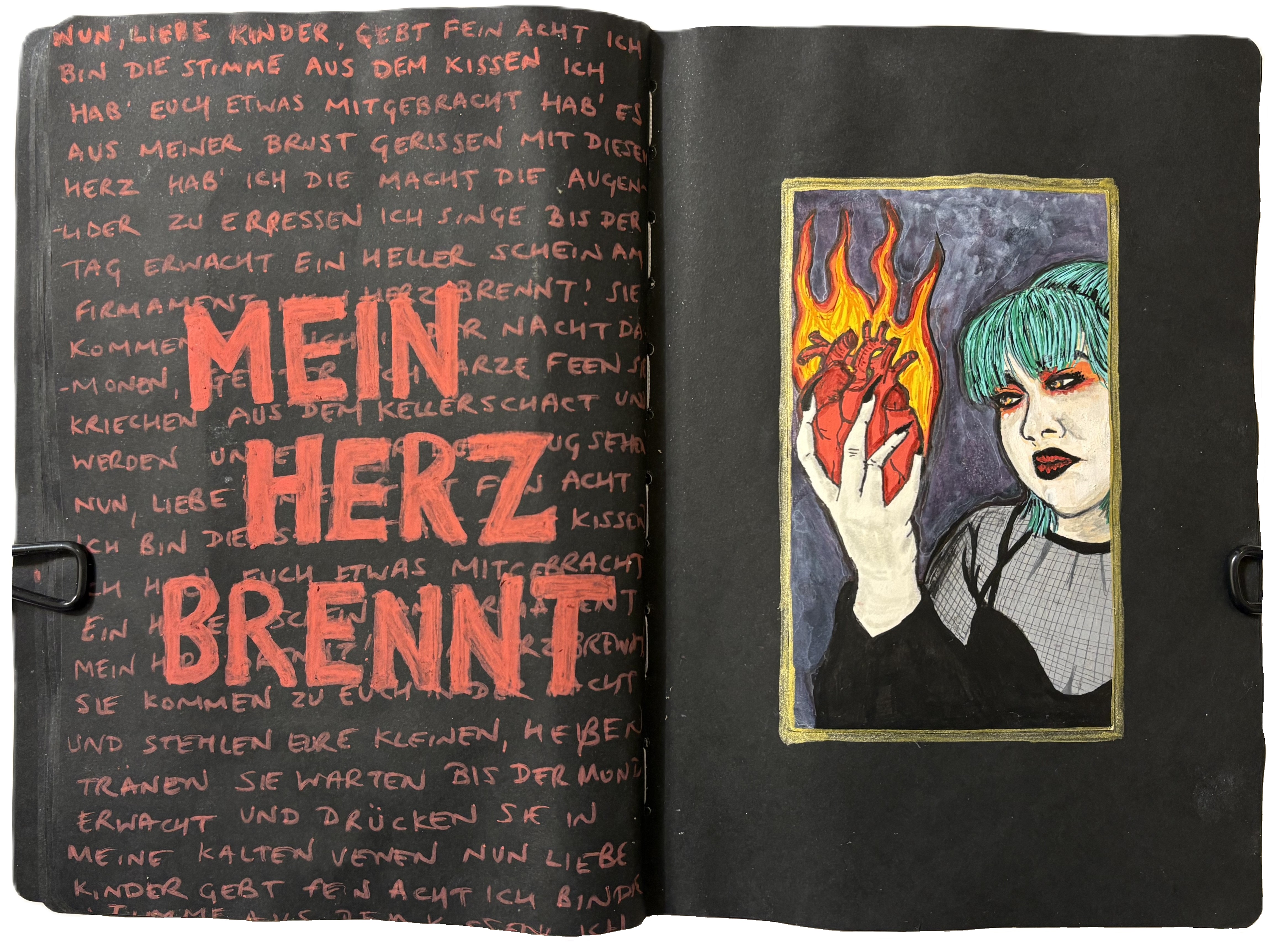 A mixed media art journal page with an illustrated portrait of a green haired goth woman holding a burning anatomical heart on an index card for the Index Card a Day Challenge and lyrics to Mein Herz Brennt by Rammstein. Drawing reference from Sktchy.