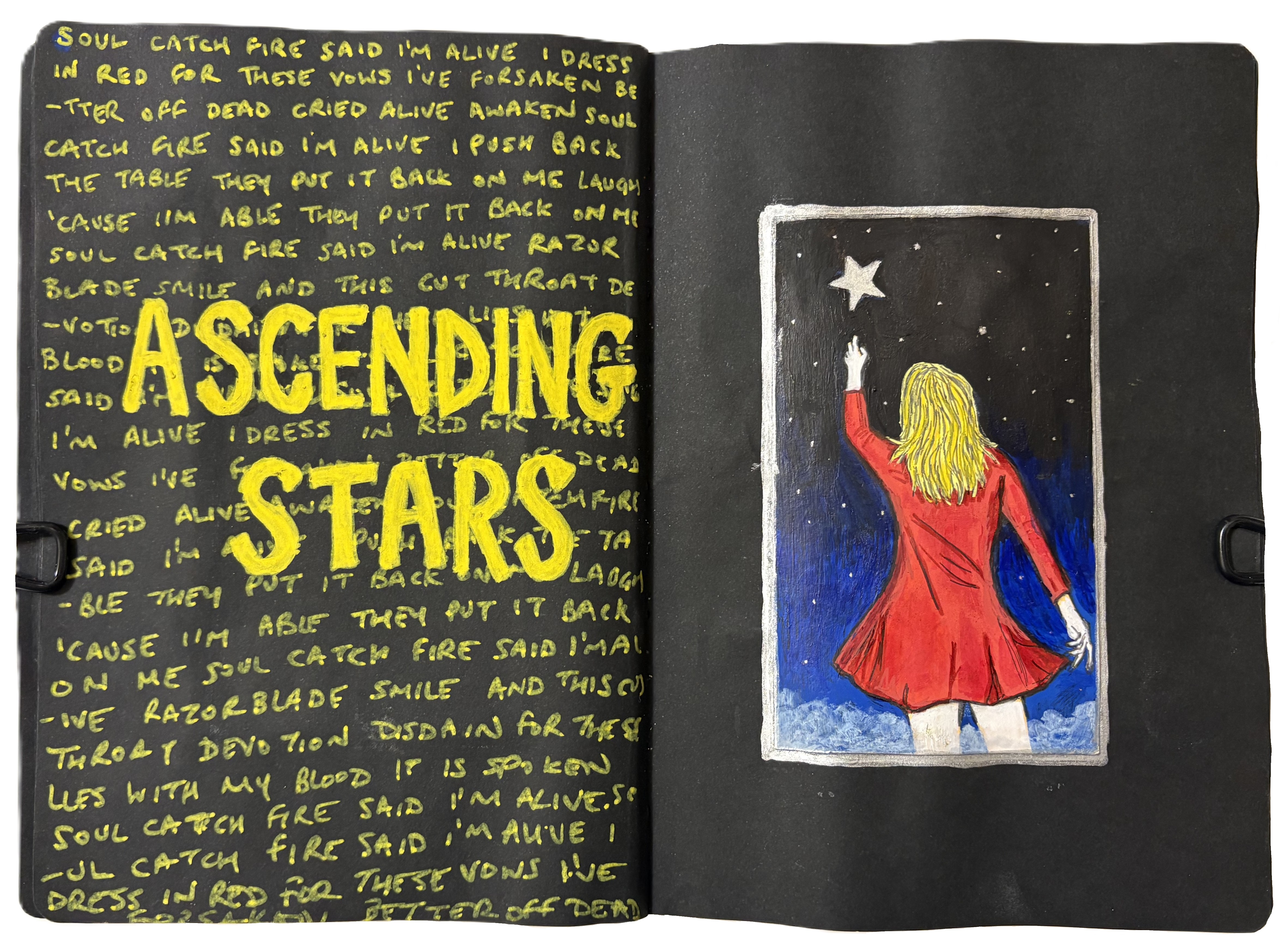 A mixed media art journal page with an illustrated portrait of a blonde woman in red reaching for a star in the night sky on an index card for the Index Card a Day Challenge and lyrics to Ascending Stars by Queen Adreena. Drawing reference from Sktchy.